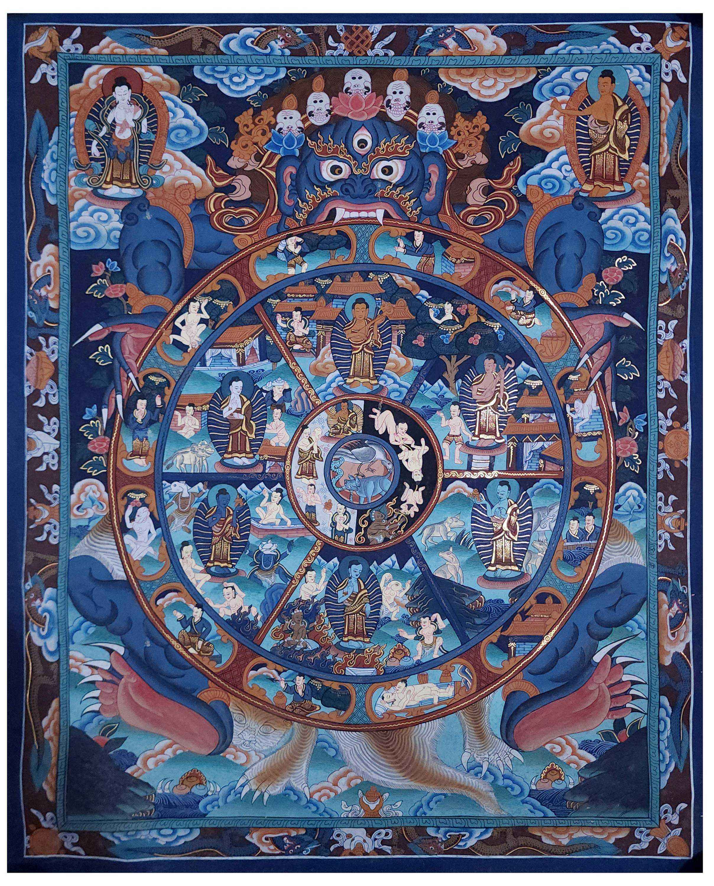old Stock, Wheel Of Life Thangka, Buddhist Handmade Thangka, Hand Painted, Antique, Real Gold