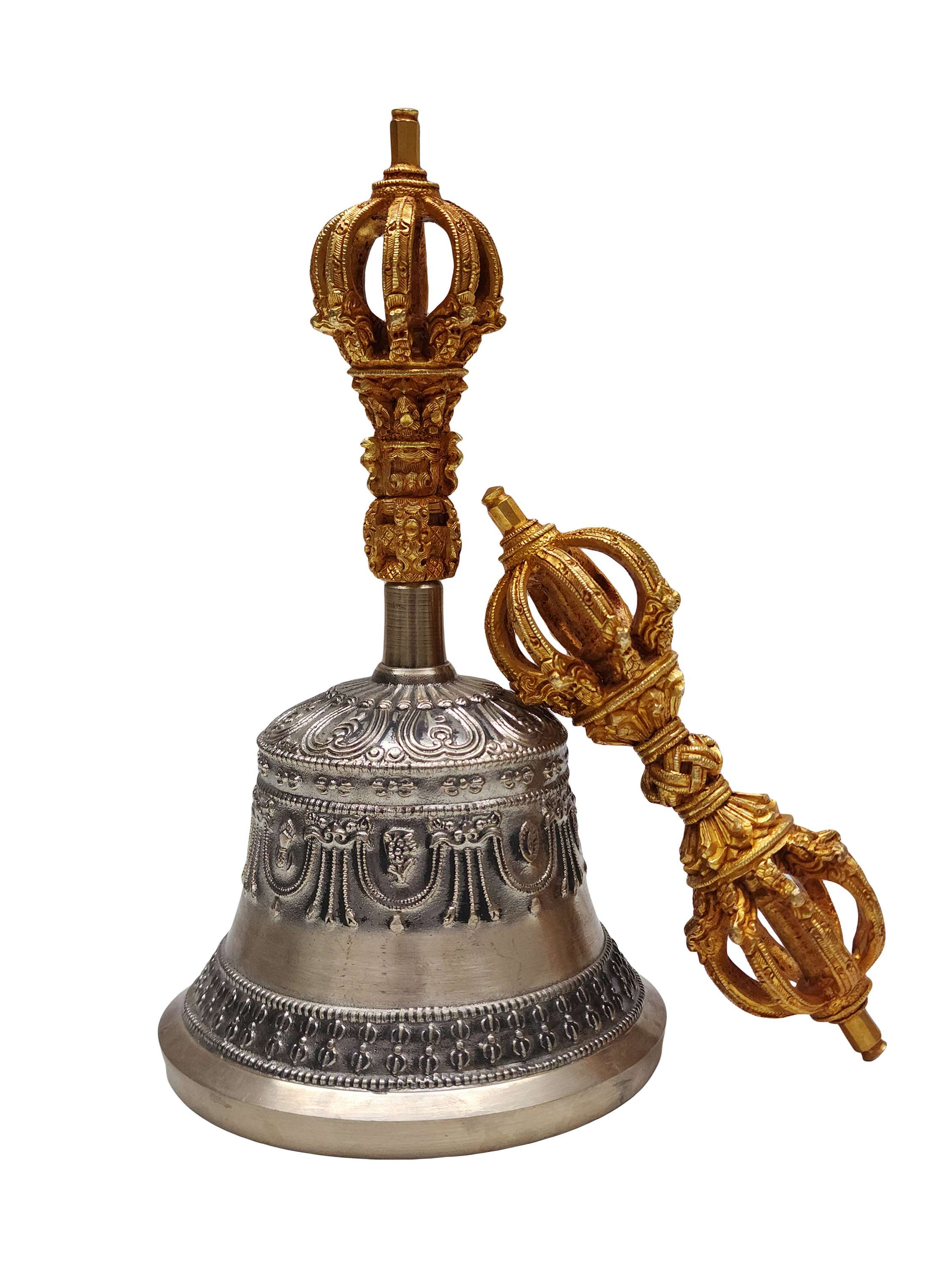 dehradun Bell And Dorje vajra, high Quality, Antique Finishing, Gold Plated On Dorje, Bronze Bell With Pure Copper Gold Plated Dorje And Bell Handle