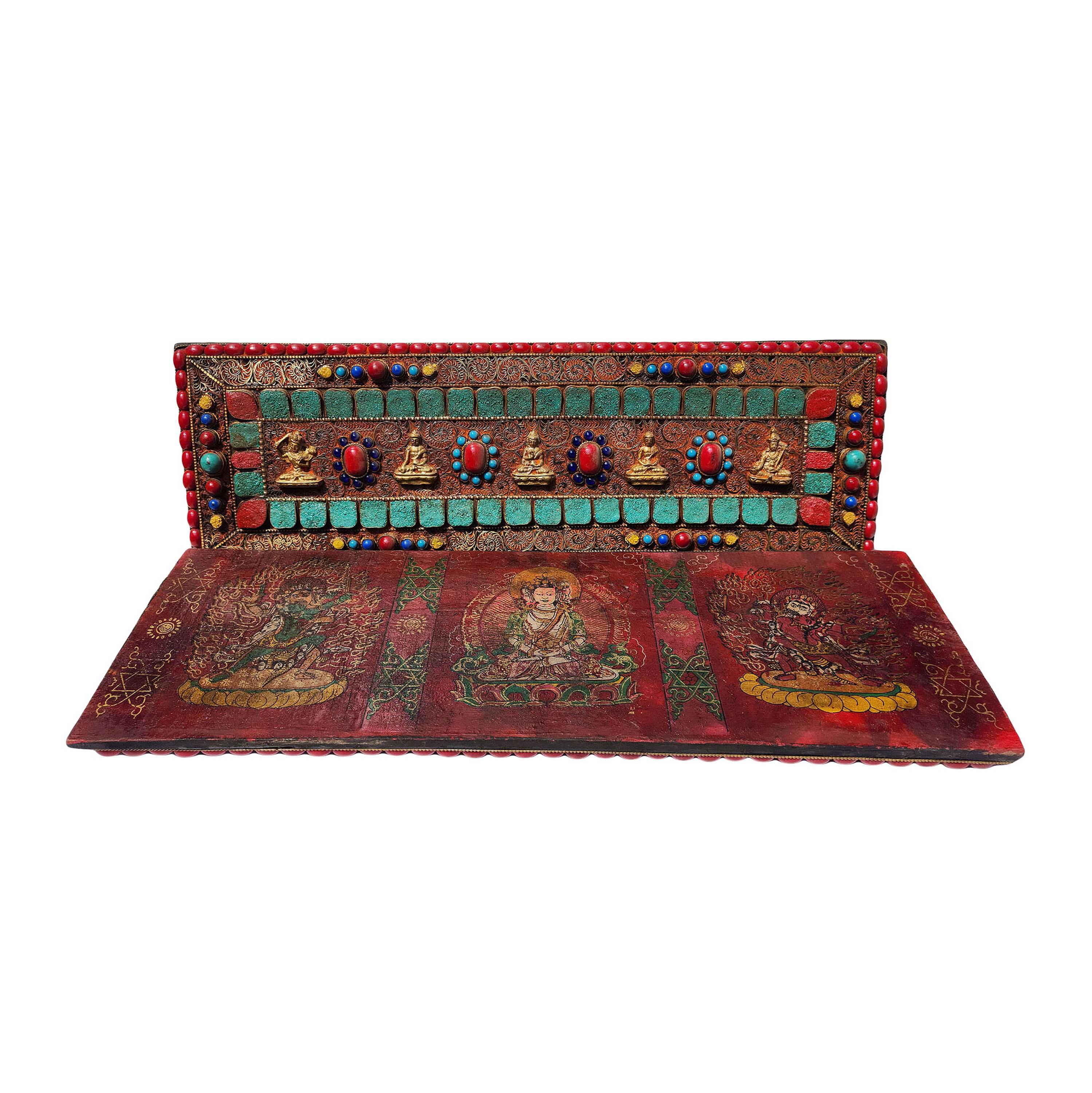 Book Cover, Buddhist Old Tibetan Wooden Seku Book Cover, Stone Setting