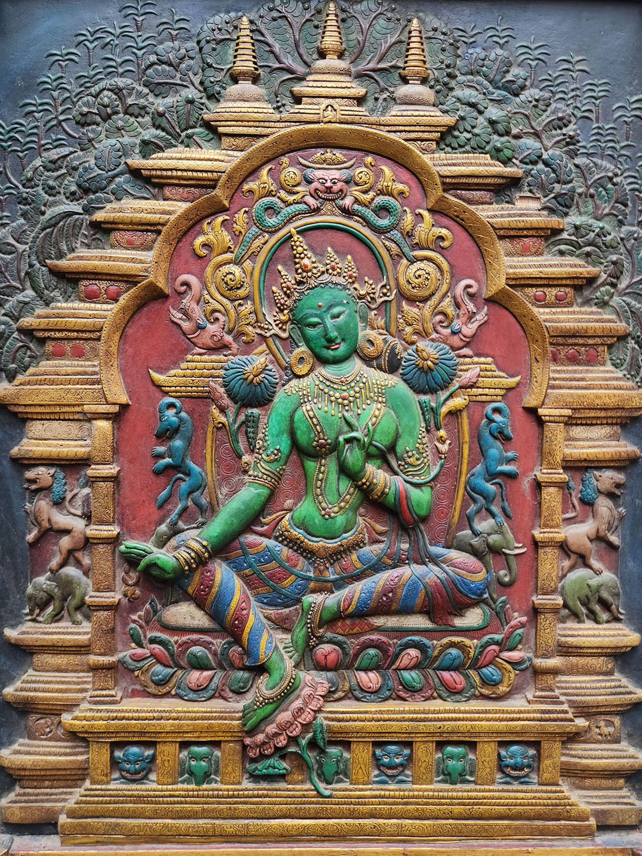 Green Tara, Buddhist Wooden Wall Hanging, Single Colour Figure