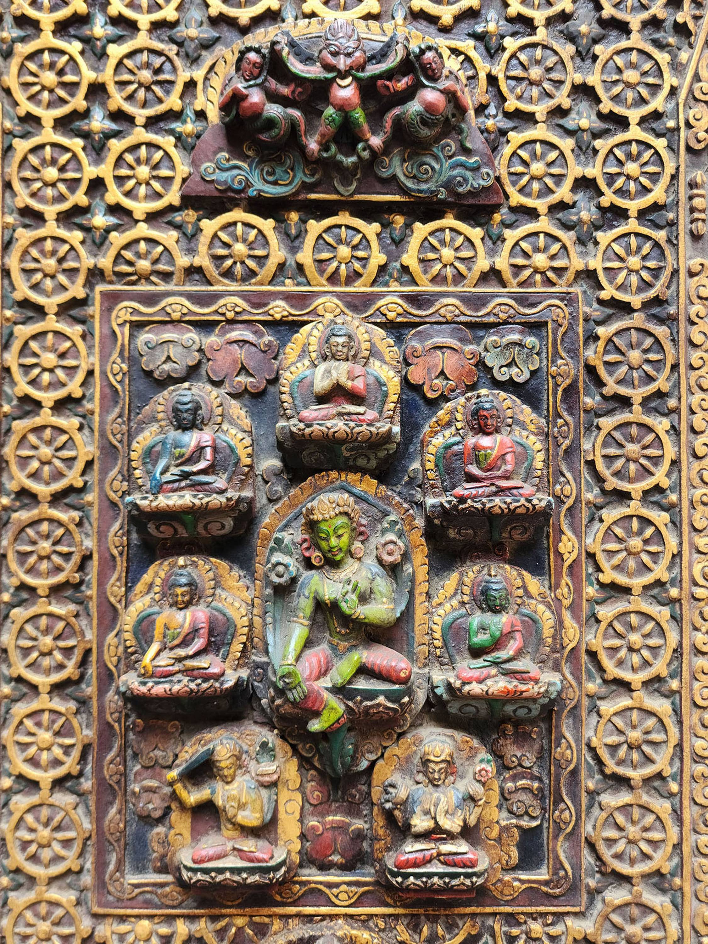 Green Tara, Buddhist Wooden Wall Hanging, Eight Figure