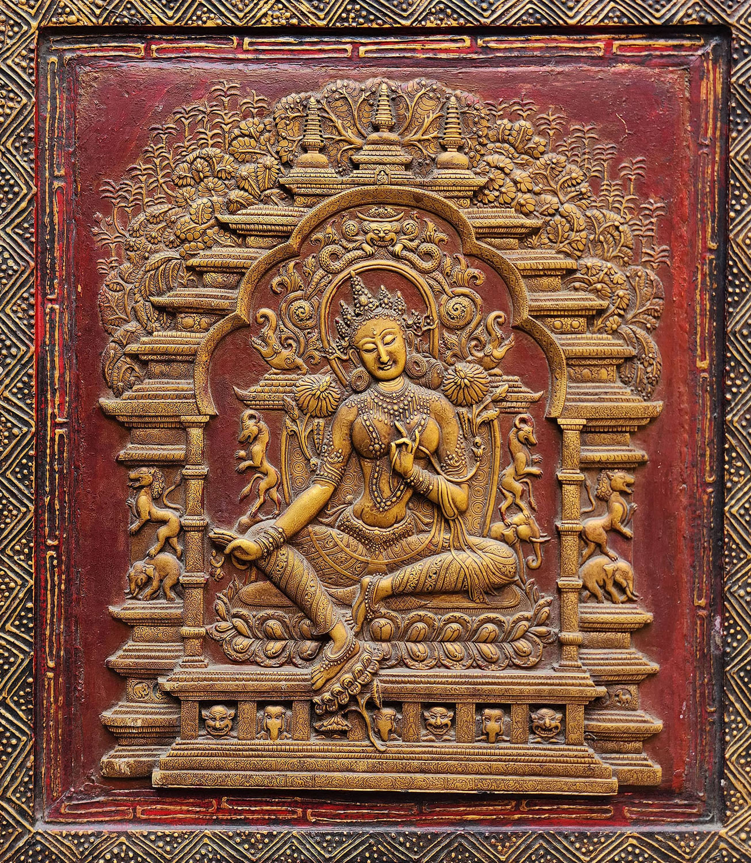 Green Tara, Buddhist Wooden Wall Hanging, Golden Figure