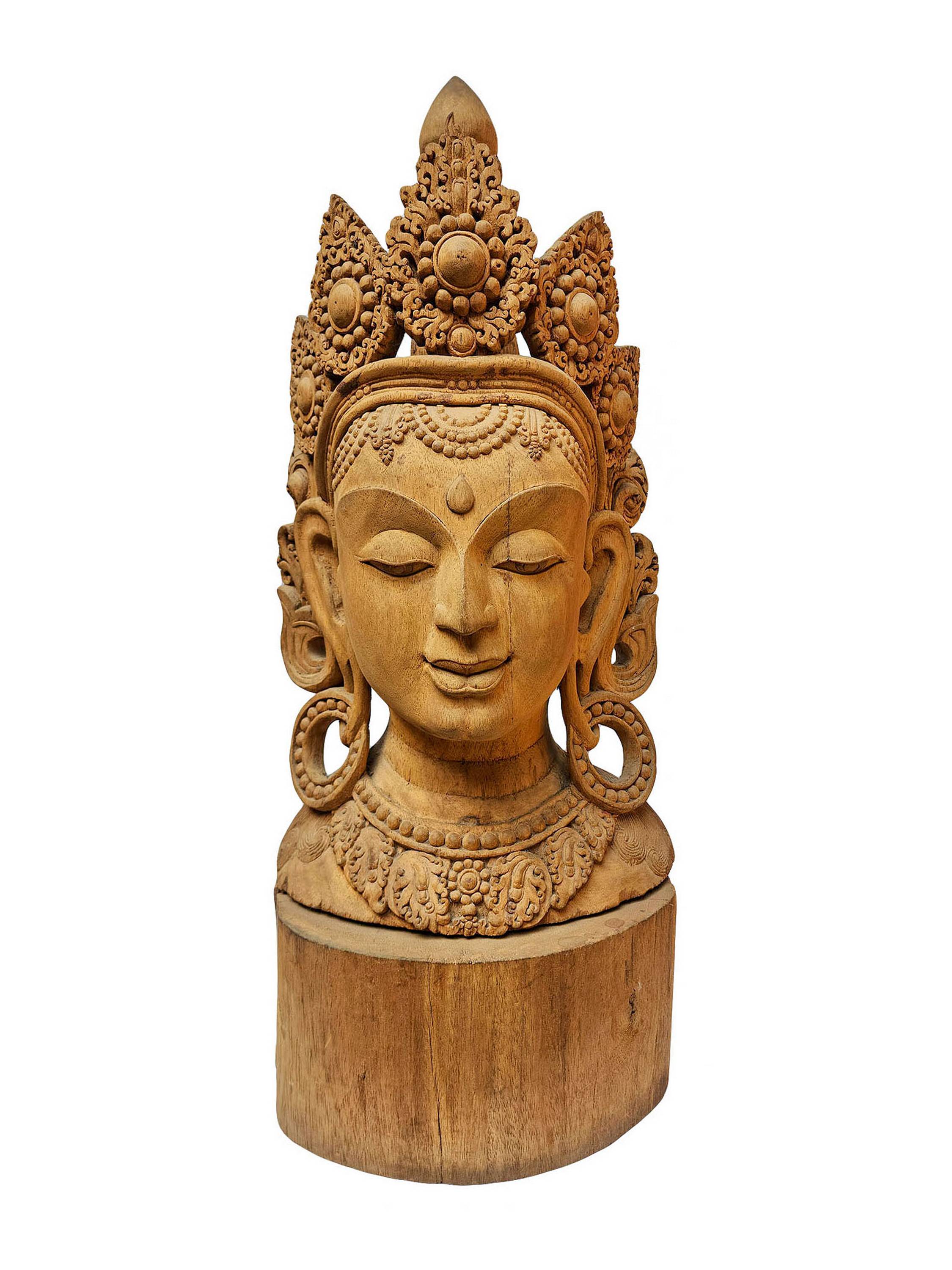 Tara Head, Buddhist Handmade Wooden Statue, Base Detachable
