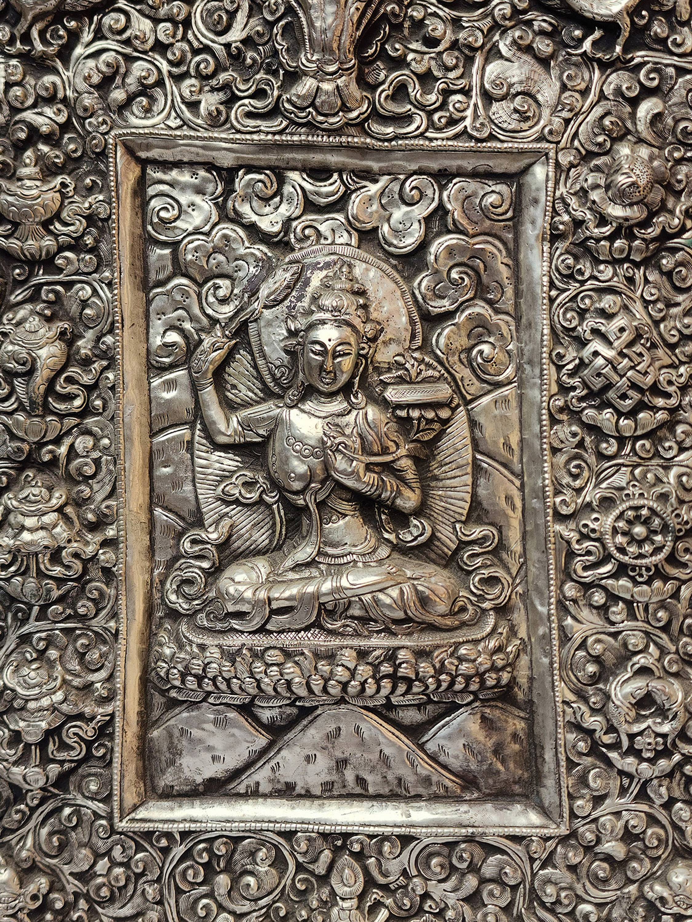 Manjushri Metal Wall Hanging, Silver Plated, High Quality, With Gaurdha On Top