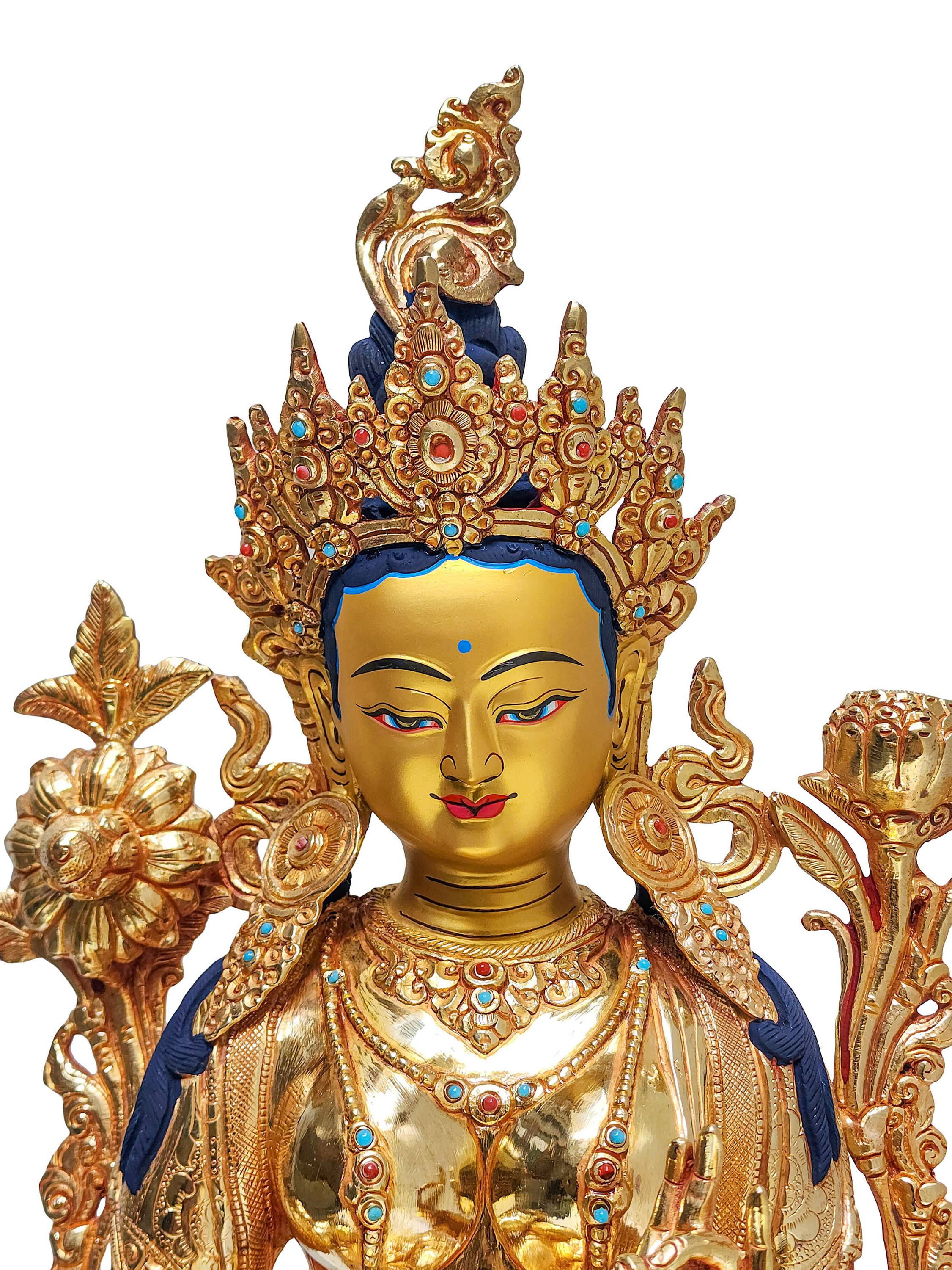 Green Tara, Buddhist Handmade Statue full Fire Gold Plated, face Painted, stone Setting