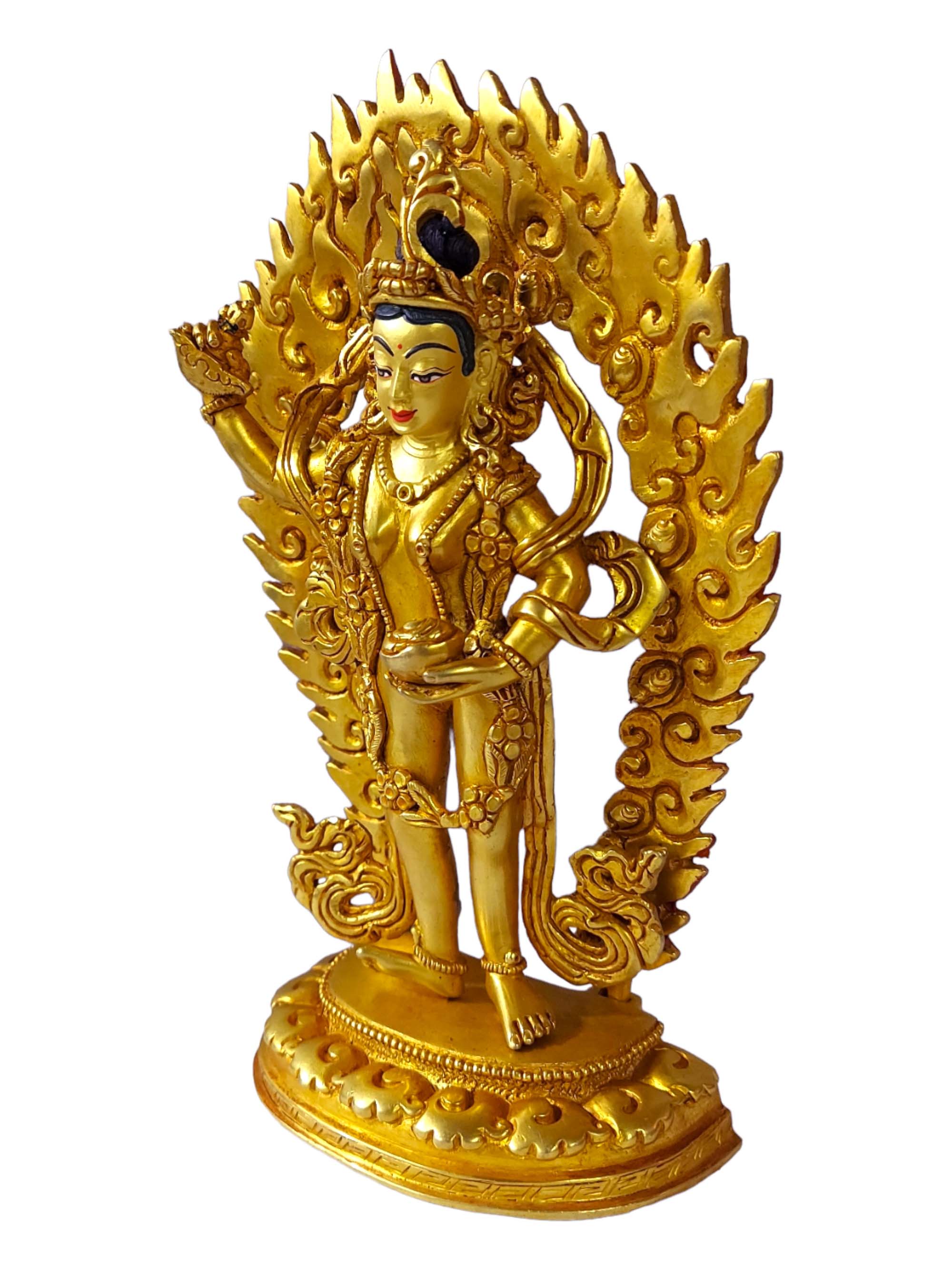 Standing Vajrayogini, Buddhist Full Gold Plated Statue, With Painted Face