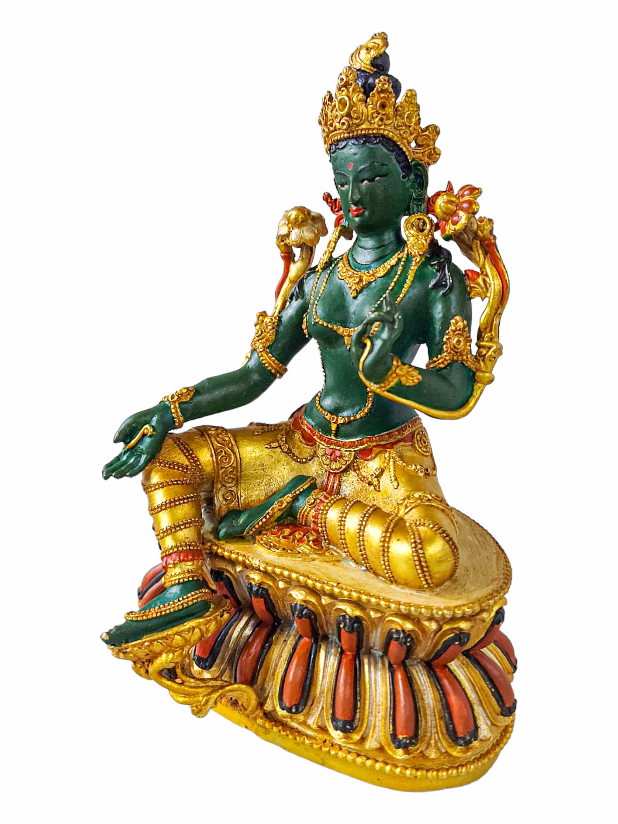 Green Tara With Double Base, Buddhist Statue gold Plated, And traditional Color Finishing