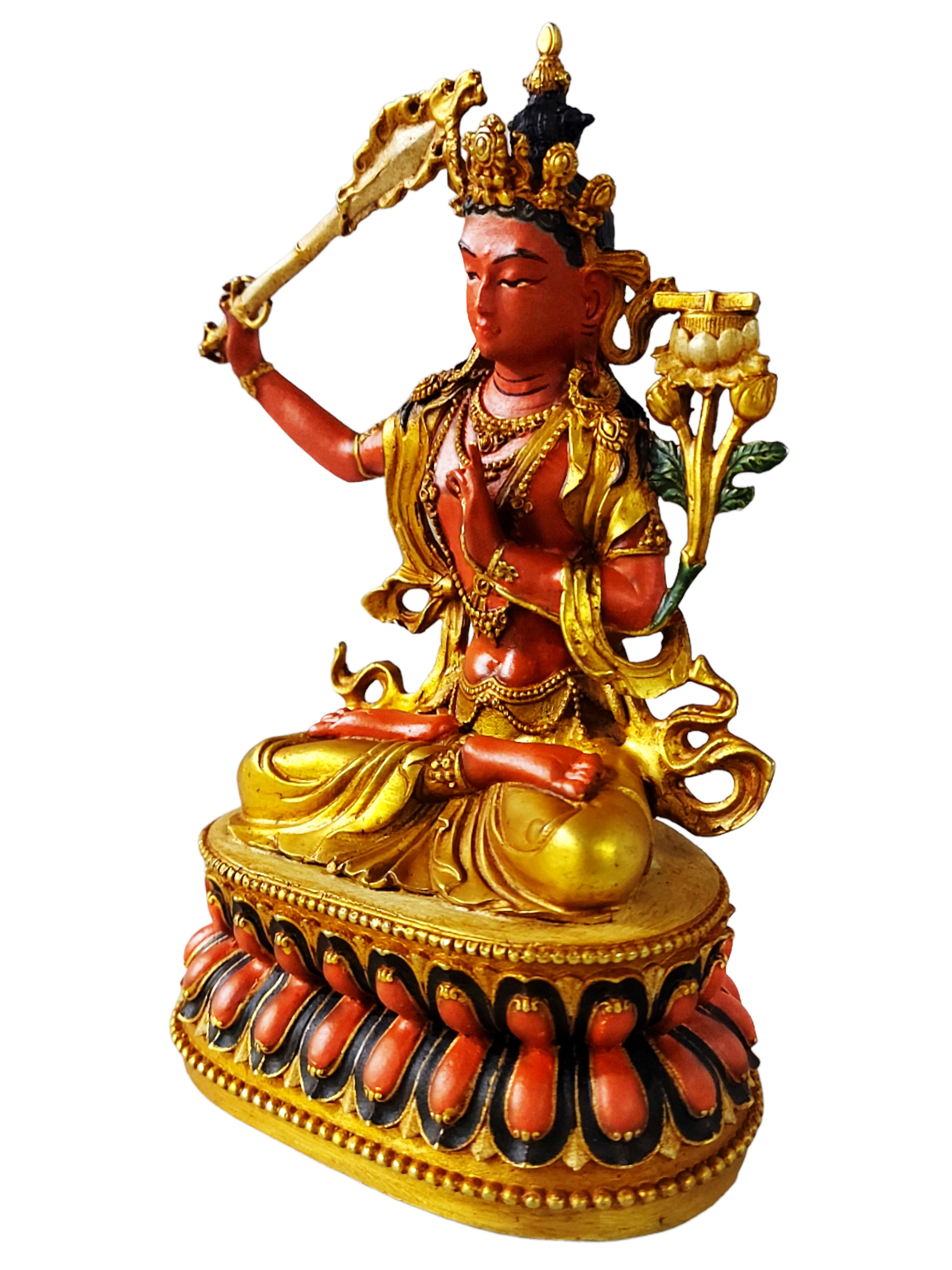 Manjushri With Double Base, Buddhist Statue gold Plated, And traditional Color Finishing