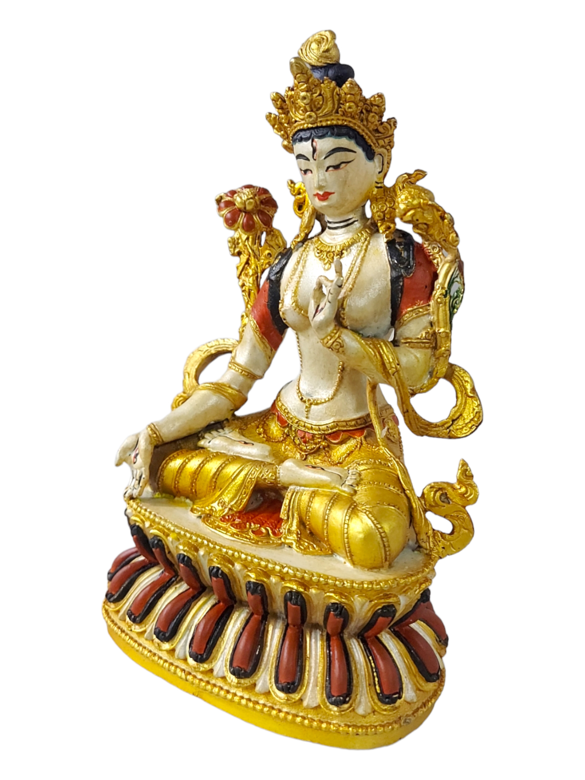 White Tara With Double Base, Buddhist Miniature Statue gold Plated And traditional Color Finishing