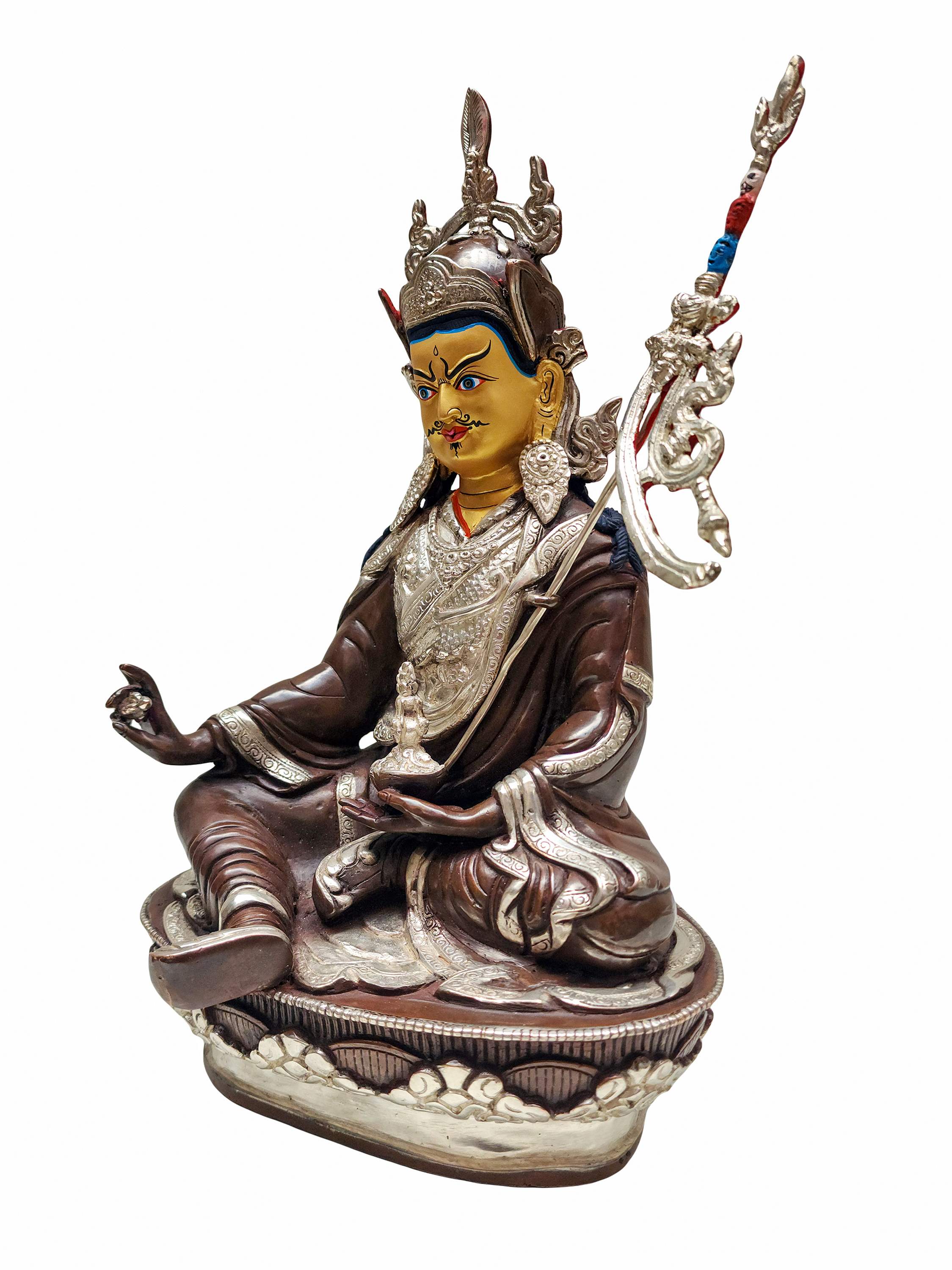 Padmasambhava Or Guru Rinpoche, Buddhist Handmade Statue, silver Plated And Chocolate Oxidized, face Painted