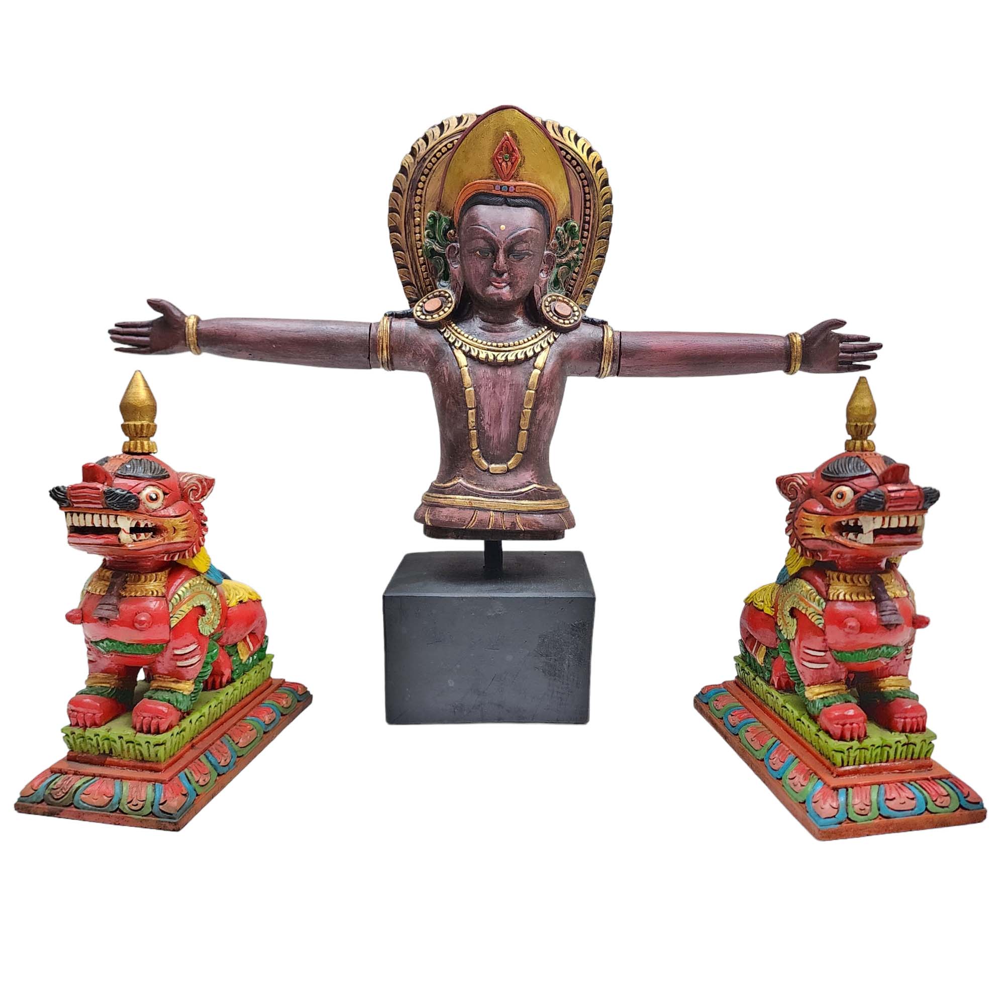 Indra - God Of Rain, Wooden Handmade Statue Of Indra, With Detachable Hand, And Painted, rare Find Form Of Indra Jatra In Kathmandu, Plus Two Temple Lions