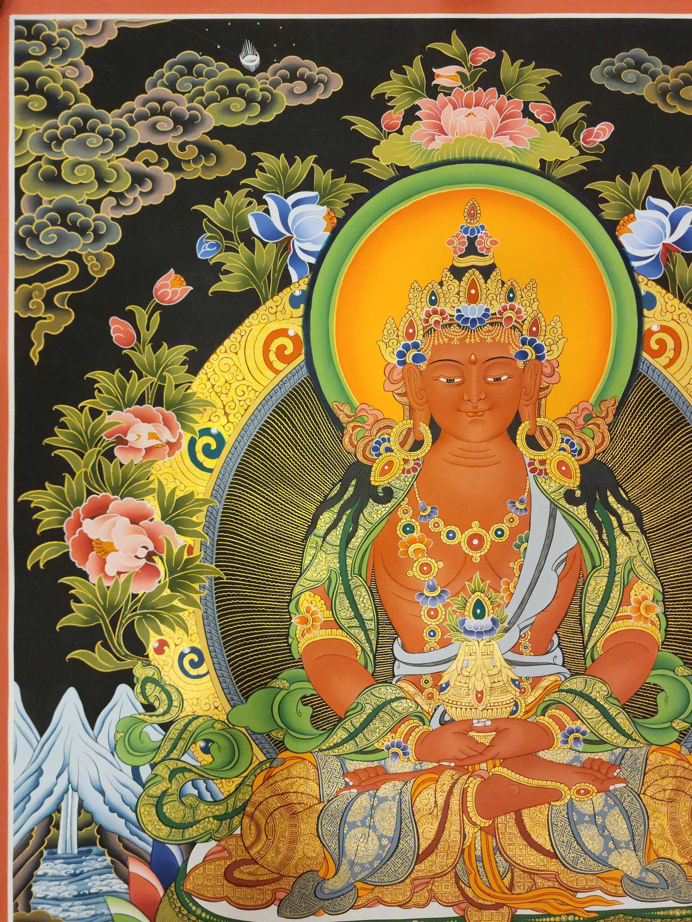 Aparimita Thangka, Buddhist Traditional Painting, With Namgyalma And Whte Tara, Tibetan Style, Amitayus, Chepame