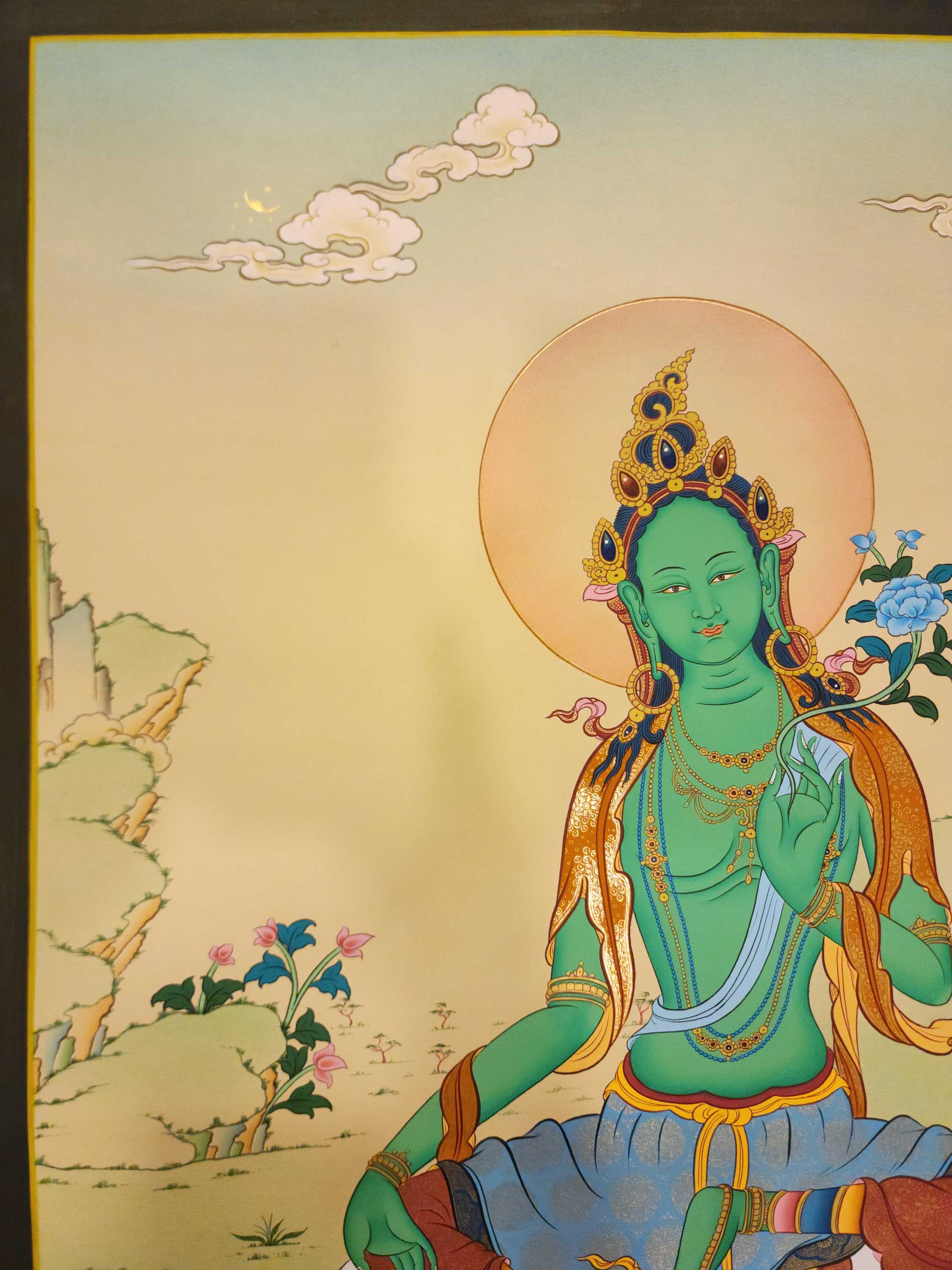 Green Tara Thangka, Buddhist Traditional Painting, <span Style=