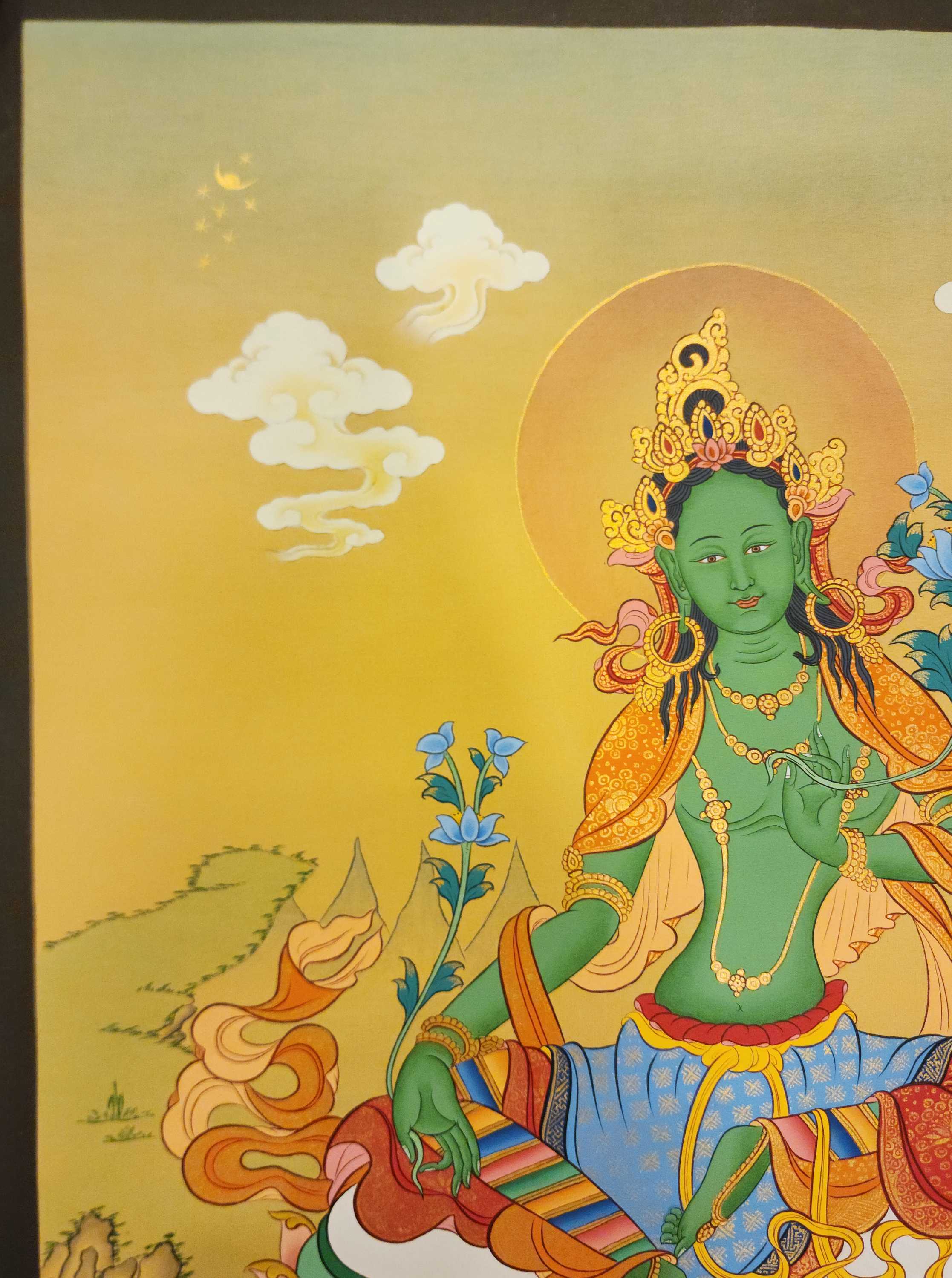 Green Tara Thangka, Buddhist Traditional Painting, Tibetan Style Karma Gadri Art
