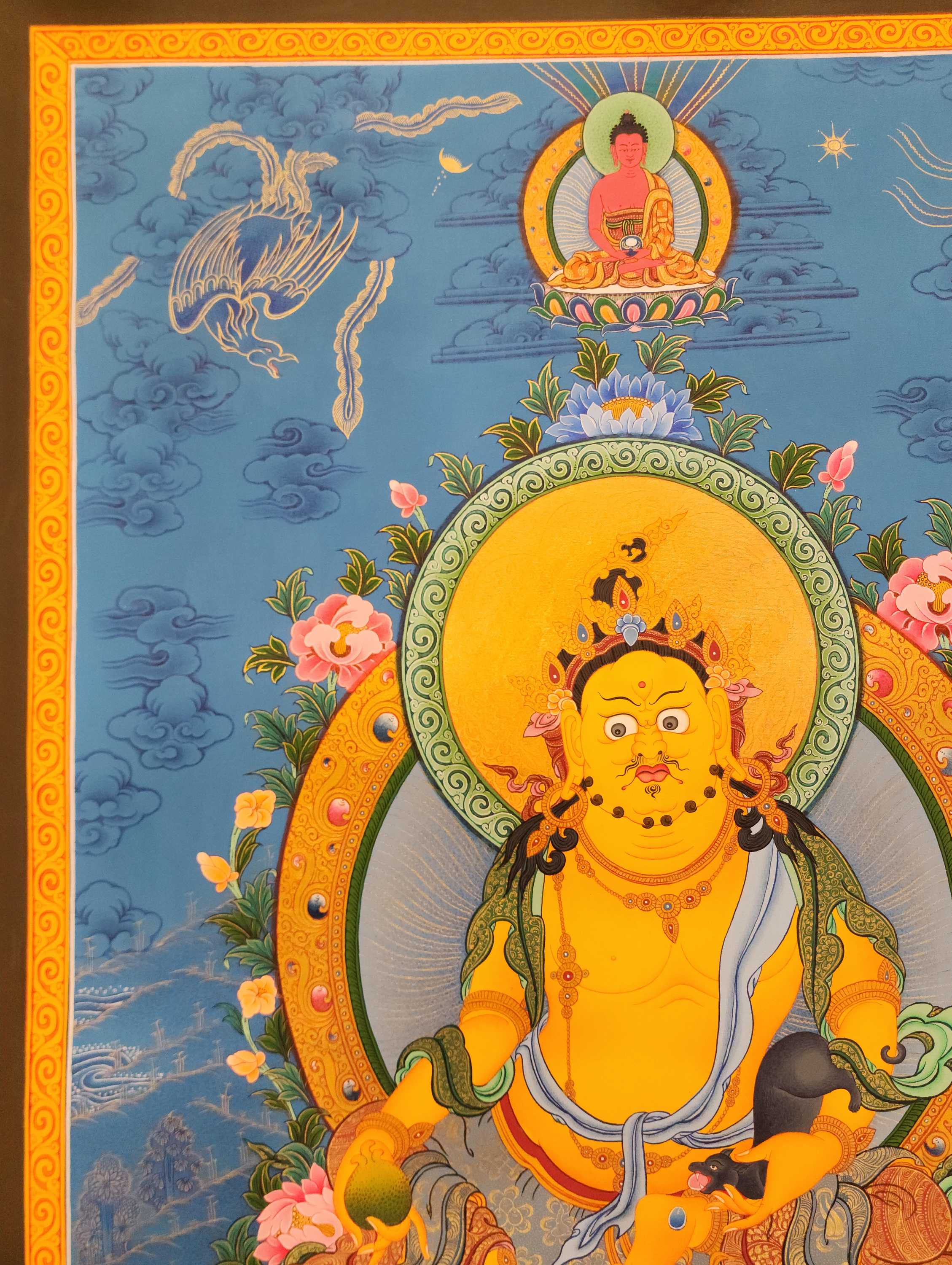 Yellow Jambhala Thangka, Buddhist Traditional Painting, Tibetan Style, <span Style=