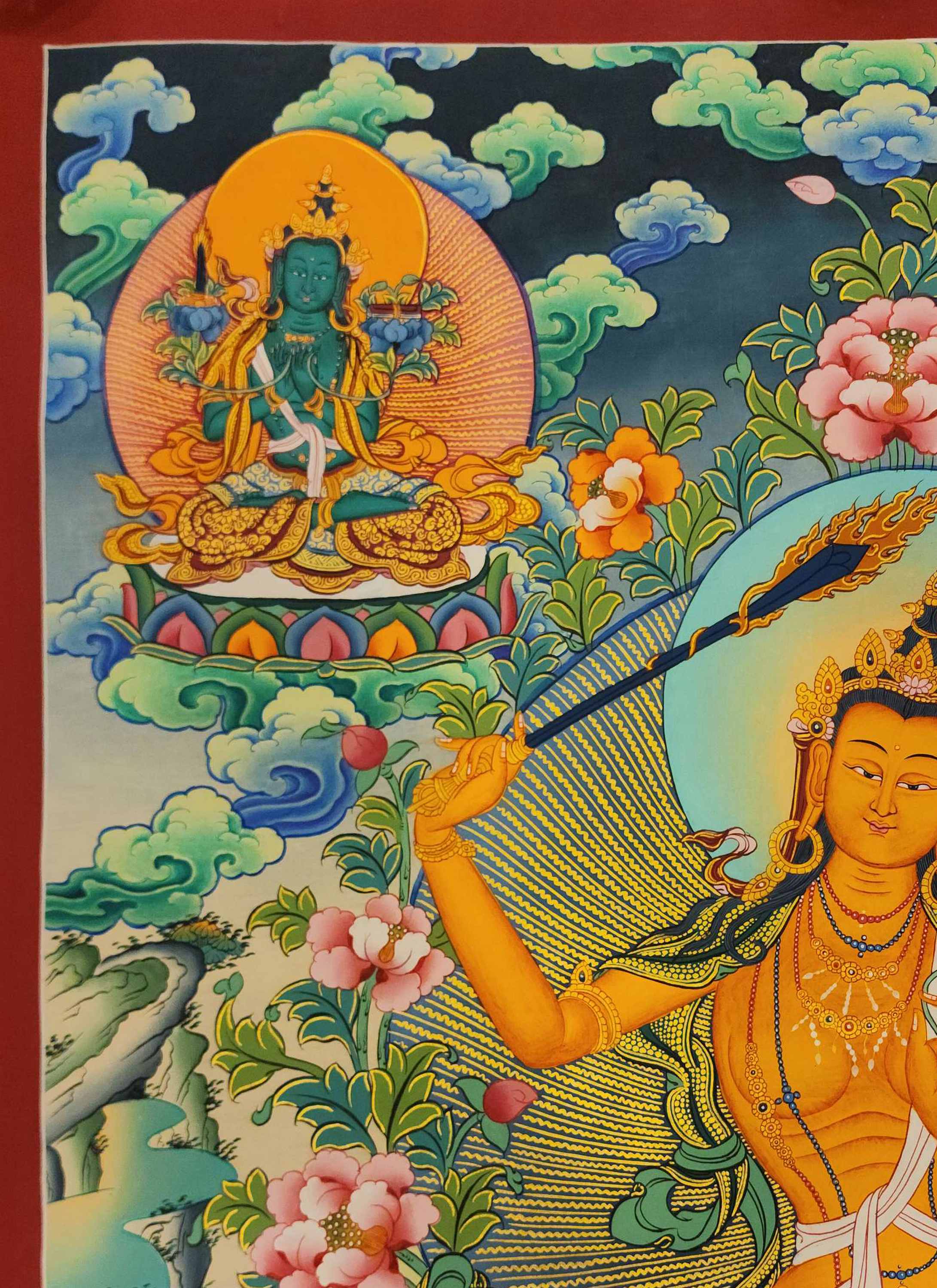 Five Dhyani Manjushri Thangka, Buddhist Traditional Painting, Tibetan Style