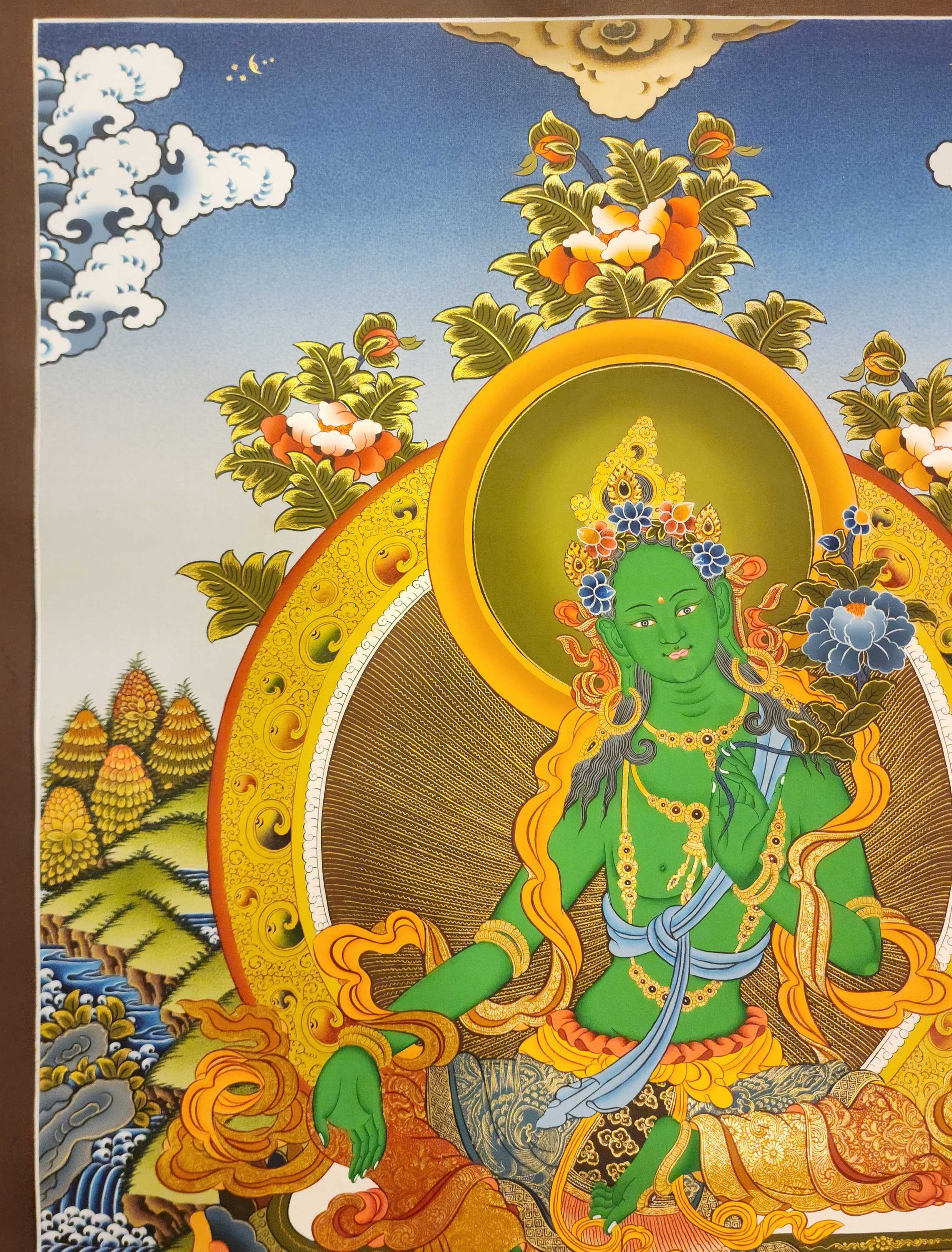 Green Tara Thangka, Buddhist Traditional Painting, Tibetan Style, <span Style=