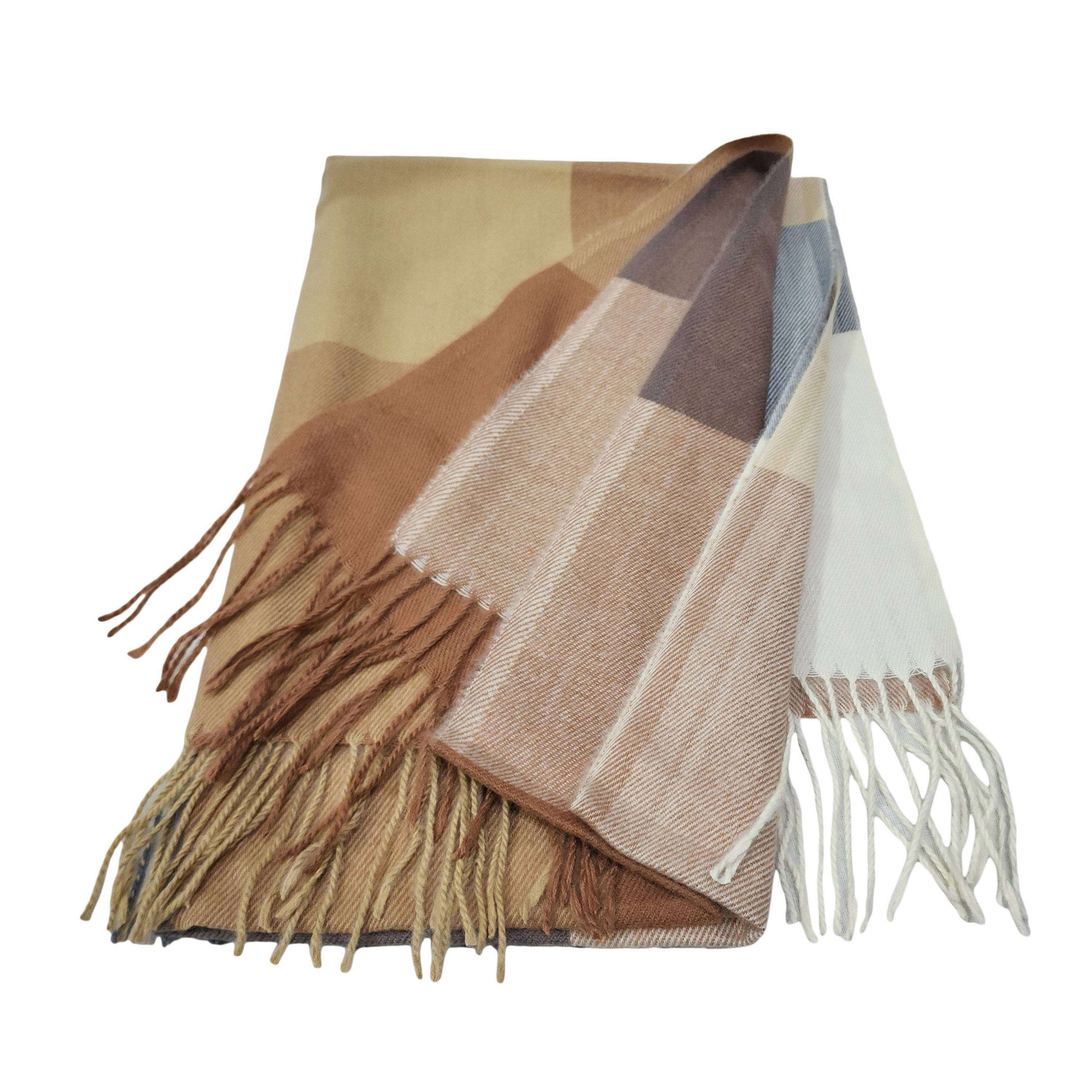 Checked Acrylic Shawl, Elevated Warmth In Earth Color Strip