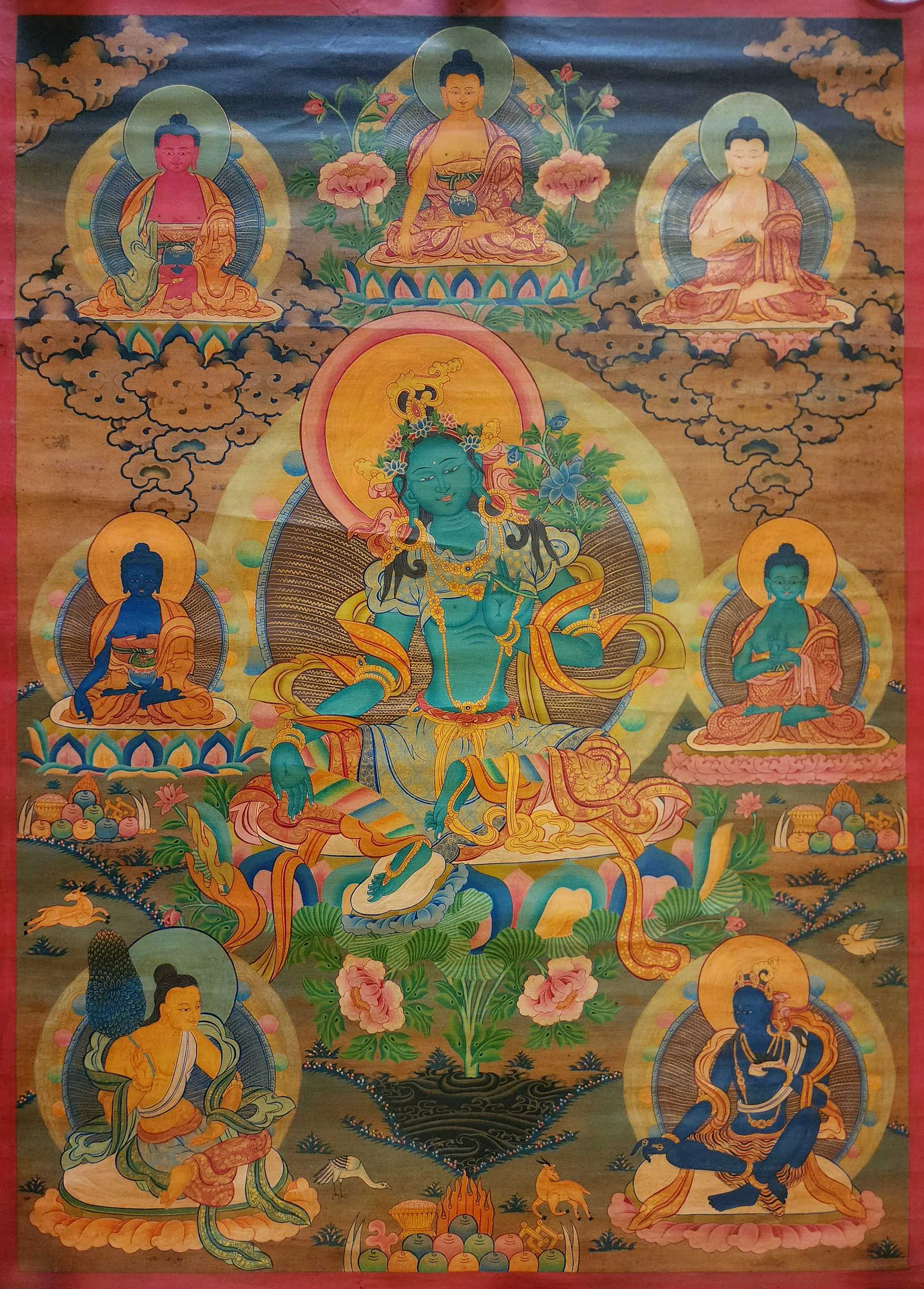 Green Tara Thangka With Pancha Buddha, Buddhist Traditional Painting, Tibetan Style, real Gold, oiled Thangka, old Stock
