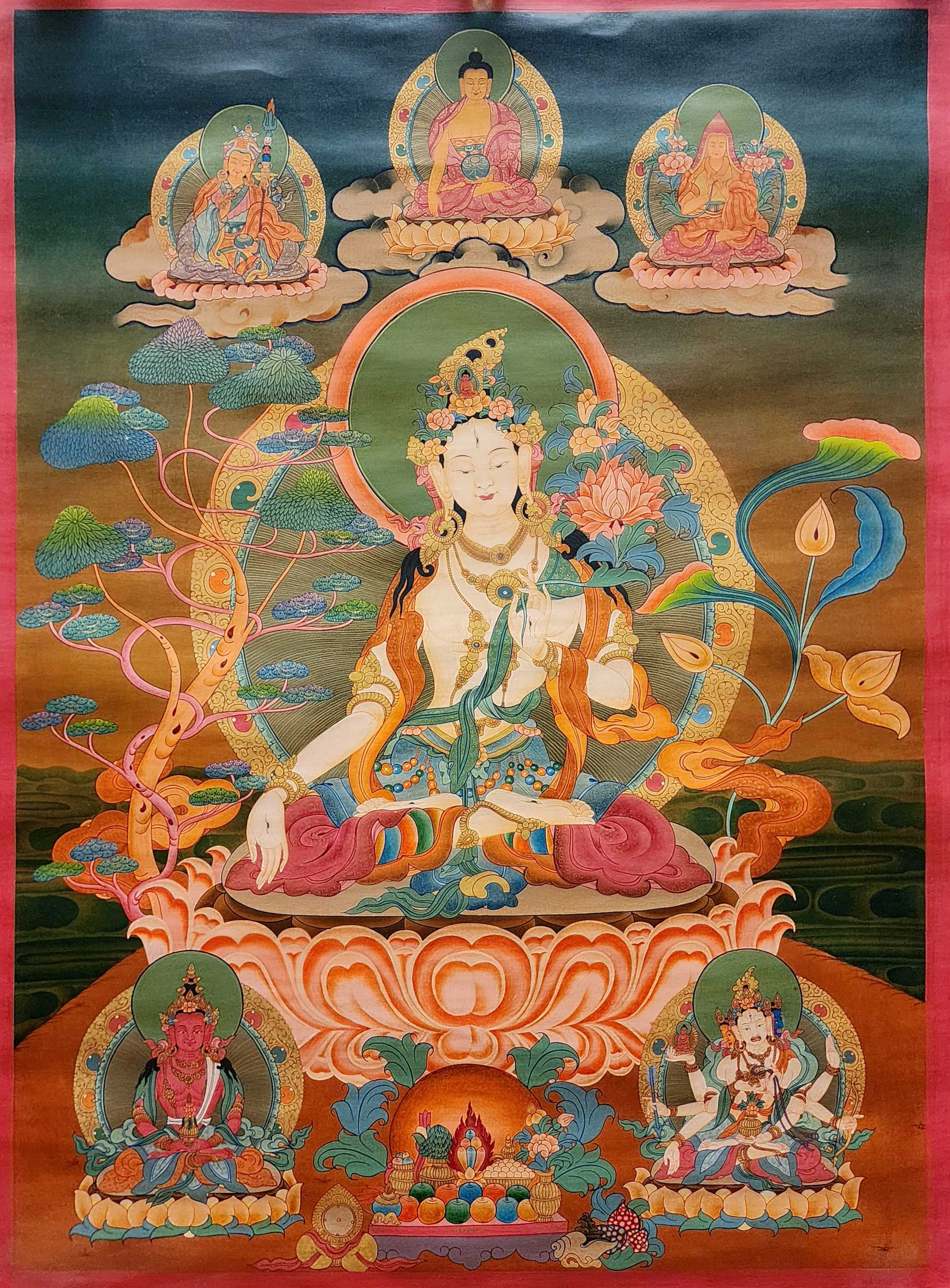 White Tara Thangka, master Quality, Buddhist Traditional Painting, Tibetan Style, Three Long Life Deities, real Gold, oiled Thangka, old Stock