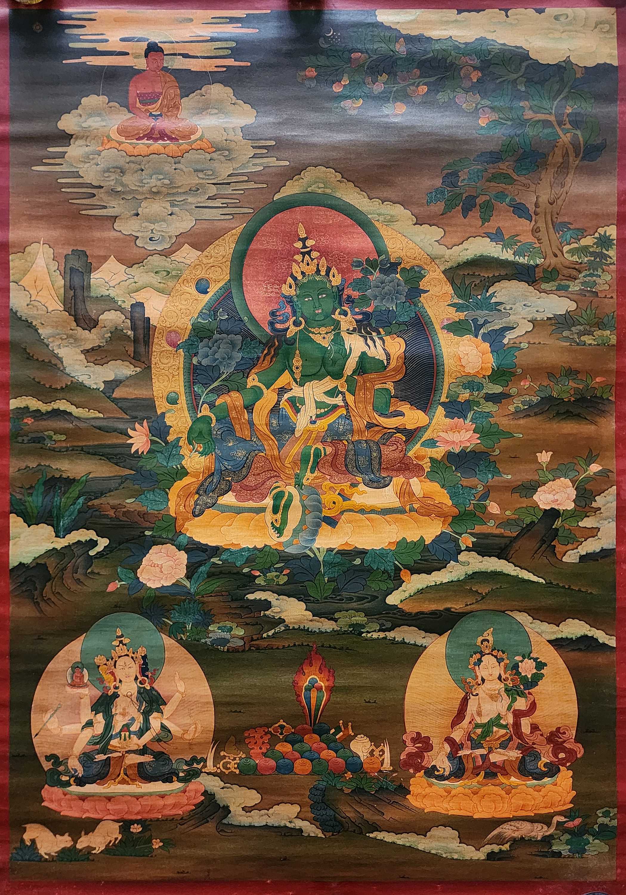 Green Tara Thangka, Buddhist Traditional Painting, Tibetan Style, Three Long Life Deities, real Gold, oiled Thangka, old Stock