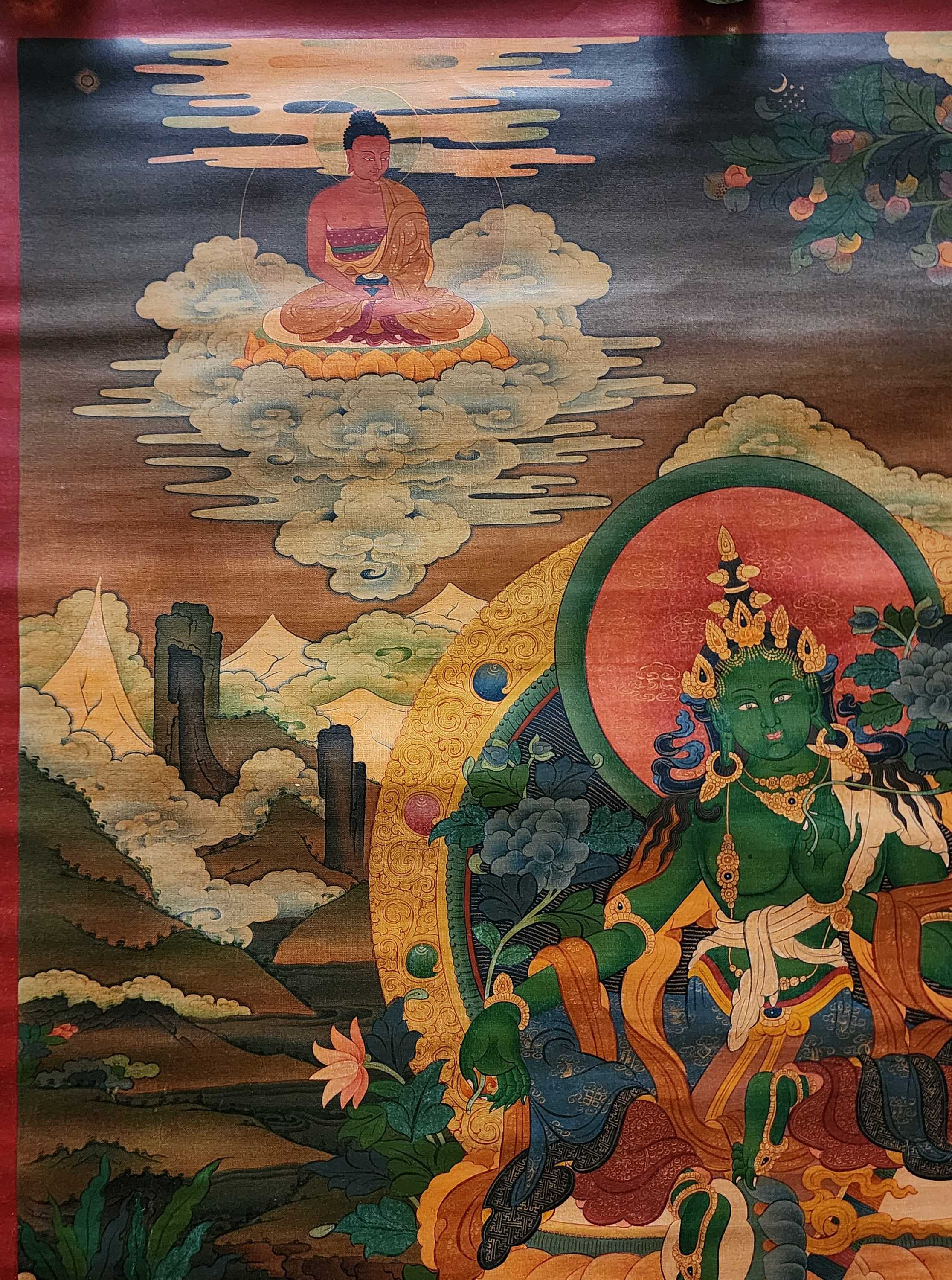 Green Tara Thangka, Buddhist Traditional Painting, Tibetan Style, Three Long Life Deities, <span Style=