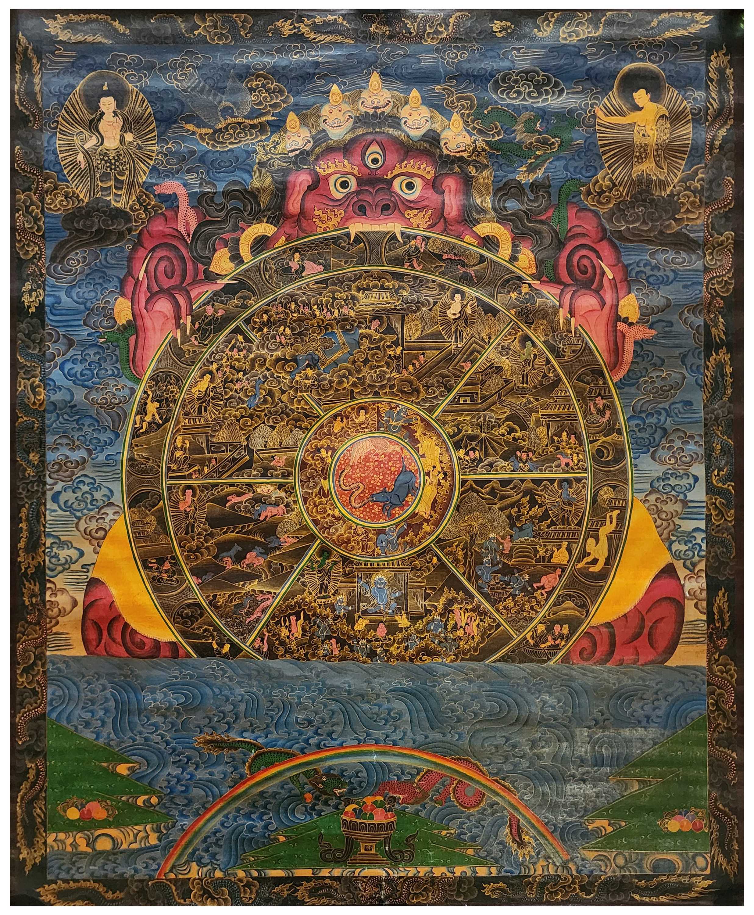 Wheel Of Life Thangka, Buddhist Traditional Painting, Tibetan Style, real Gold, oiled Thangka, old Stock, rare Find