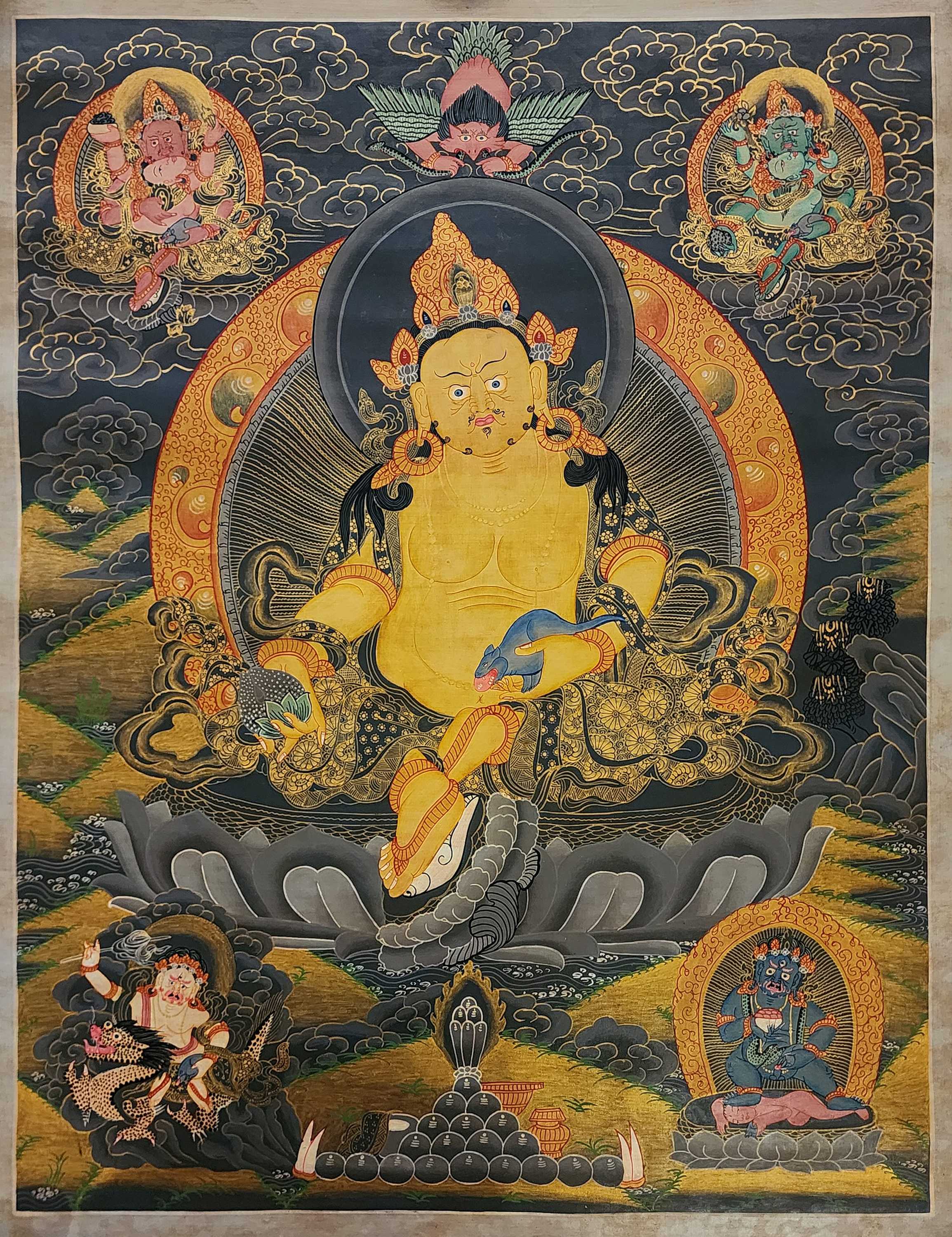 Five Jambhala Thangka, Buddhist Traditional Painting, Tibetan Style, oiled Thangka, old Stock