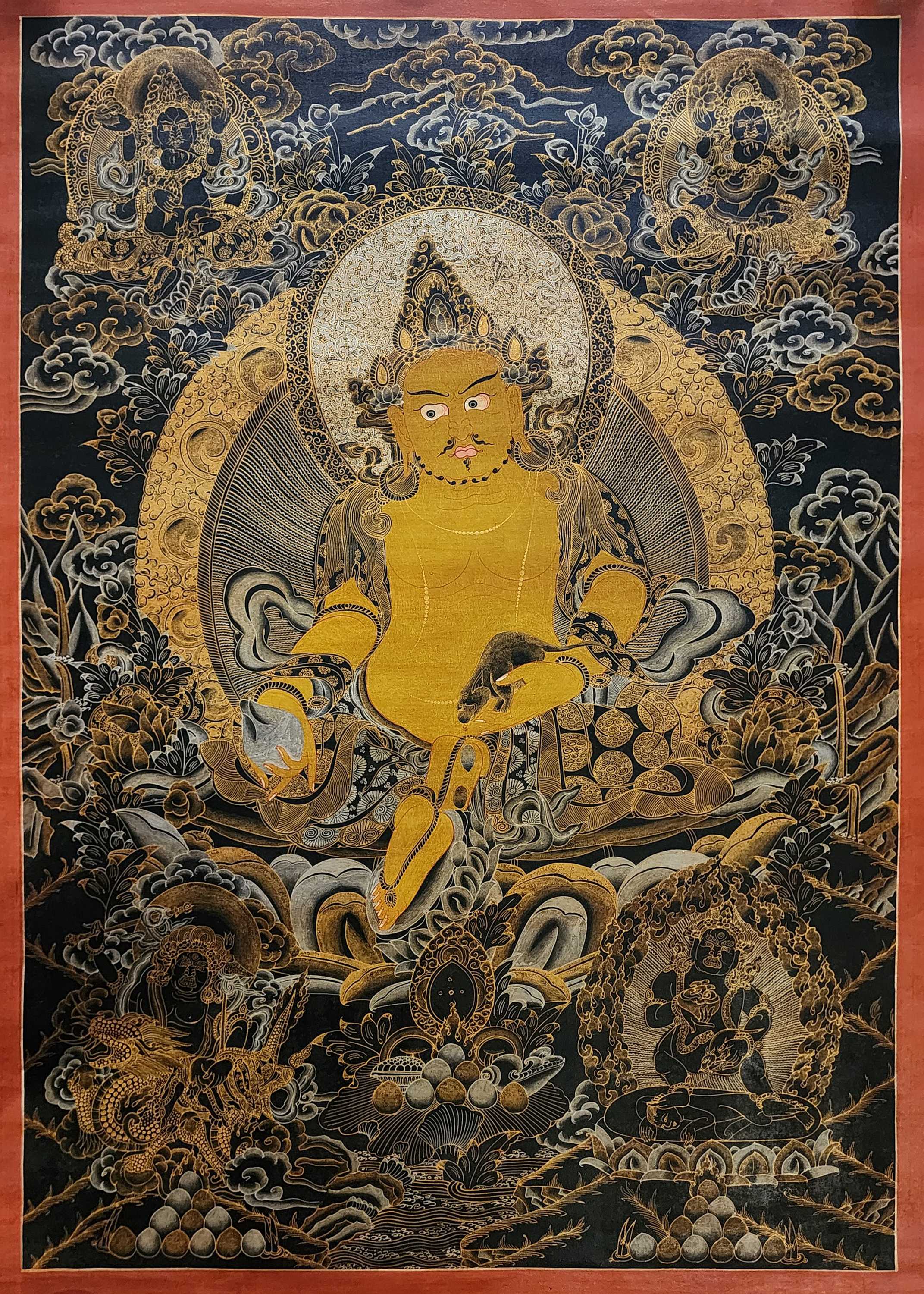 Five Jambhala Thangka, good Quality, Buddhist Traditional Painting, Tibetan Style, oiled Thangka, old Stock
