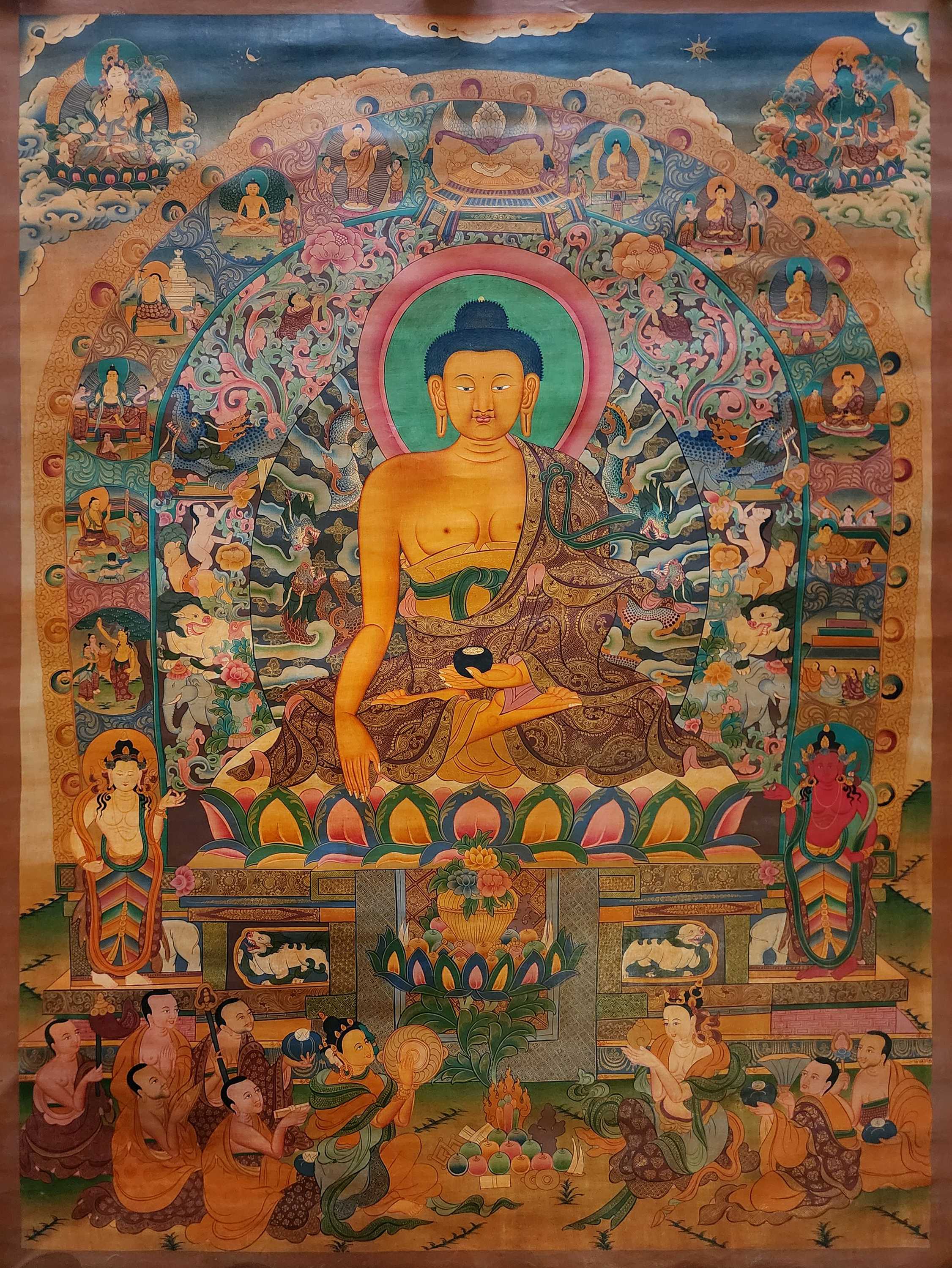 Shakyamuni Buddha Thangka, Buddhist Traditional Painting, Tibetan Style, real Gold, oiled Thangka, old Stock