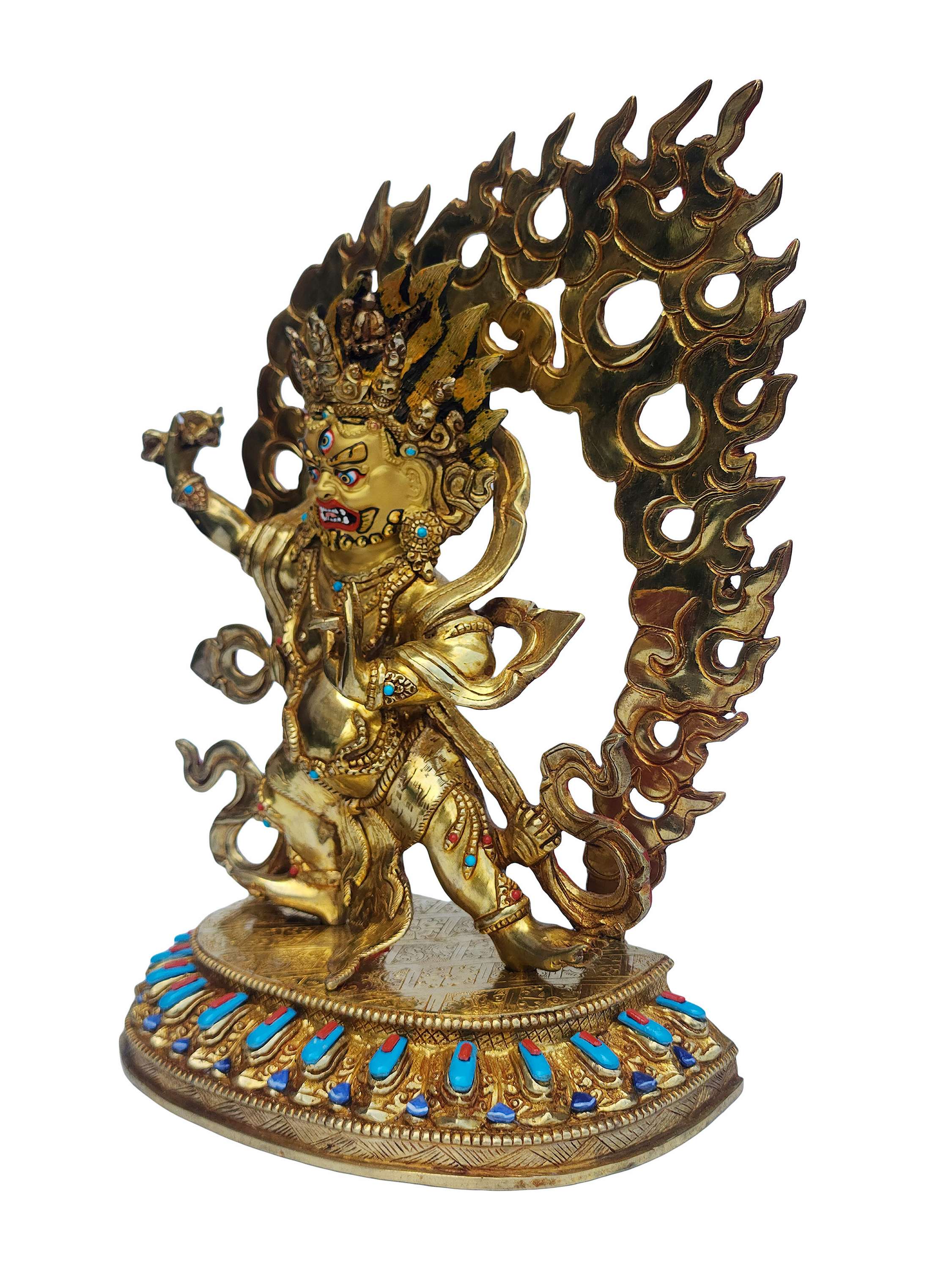 Vajrapani, Buddhist Handmade Statue, face Painted, gold Plated, stone Setting