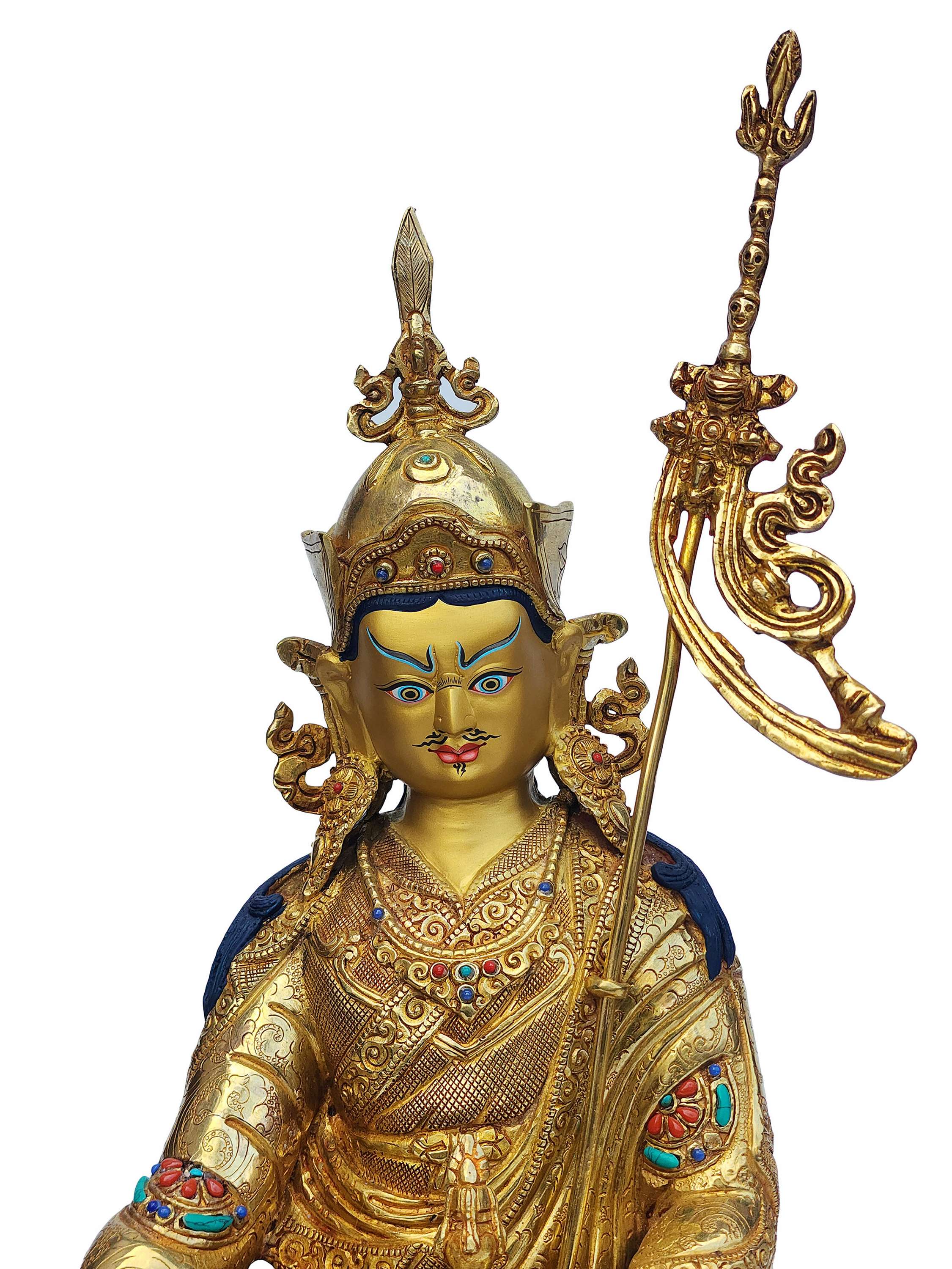 Padmasambhava, Buddhist Handmade Statue, face Painted, gold Plated, stone Setting