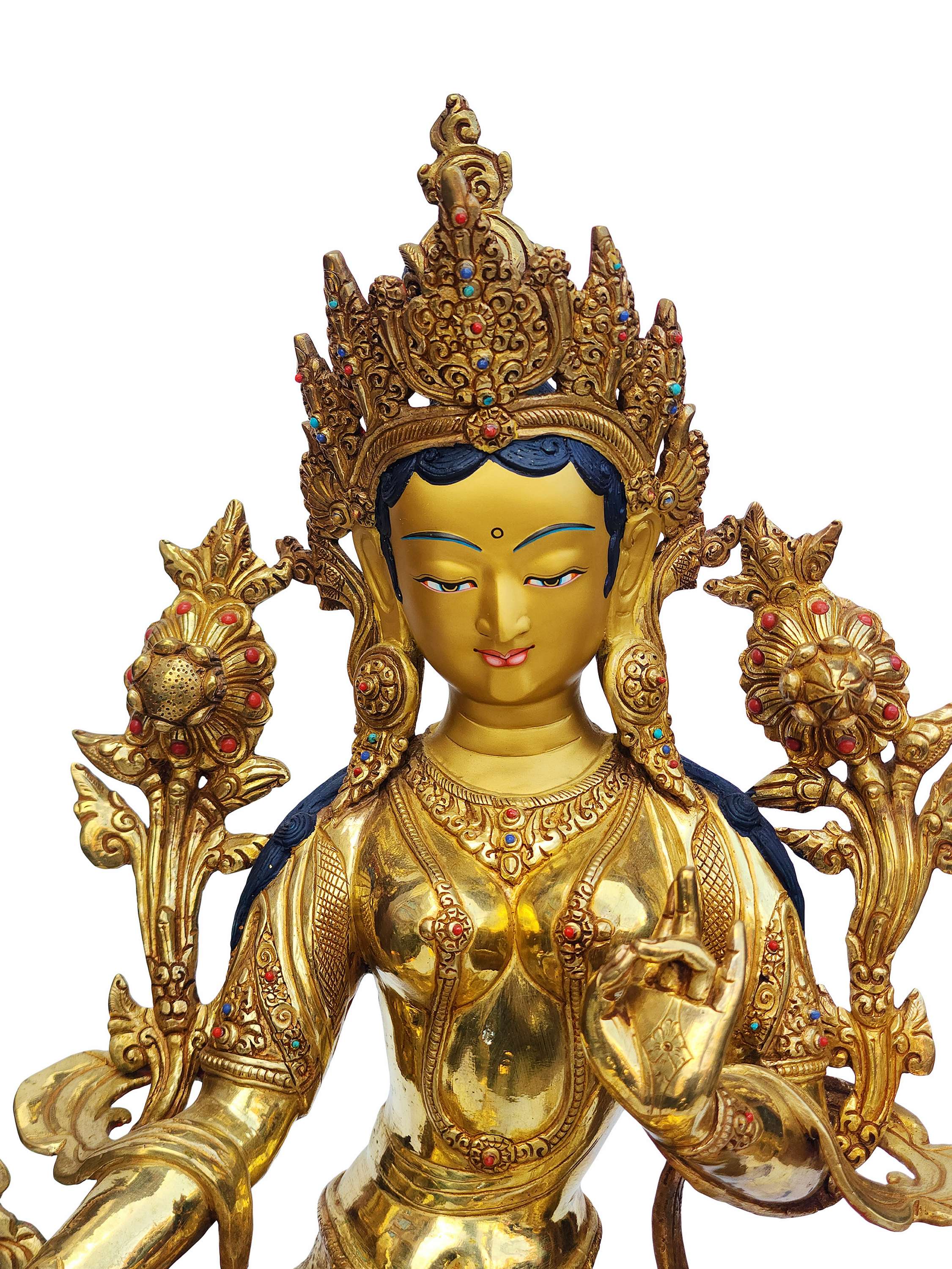 Green Tara, Buddhist Handmade Statue, face Painted, gold Plated