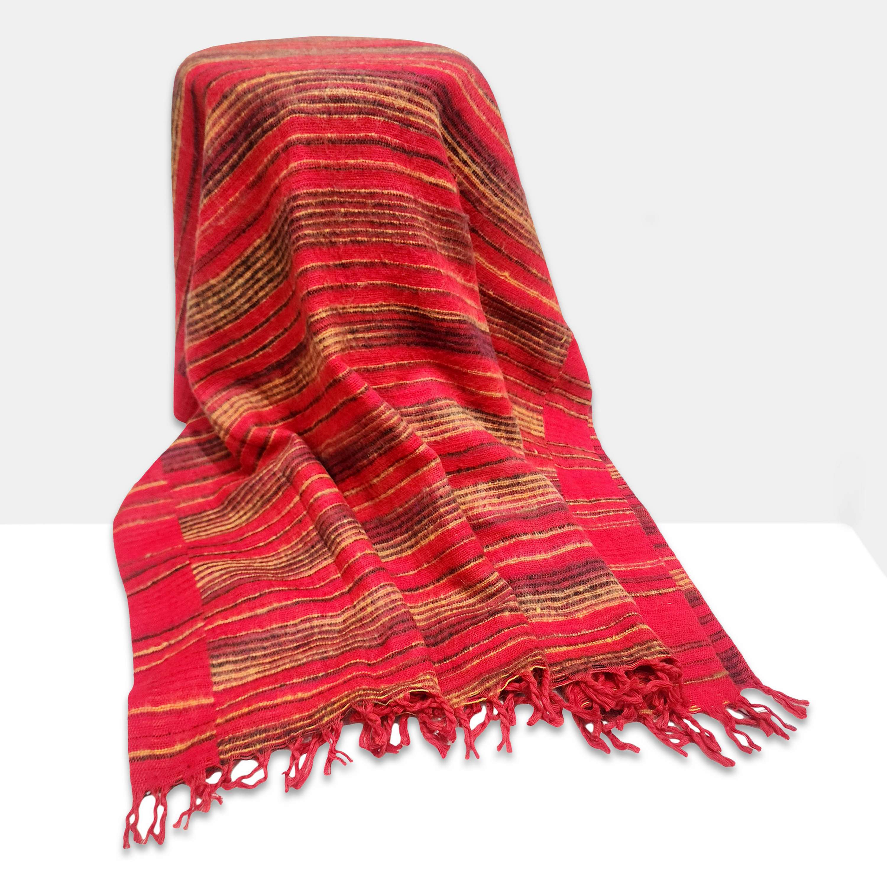 Tibet Shawl, Durable Elegance: Acrylic Woolen Shawls For All Seasons In Crimson Color And Stripes
