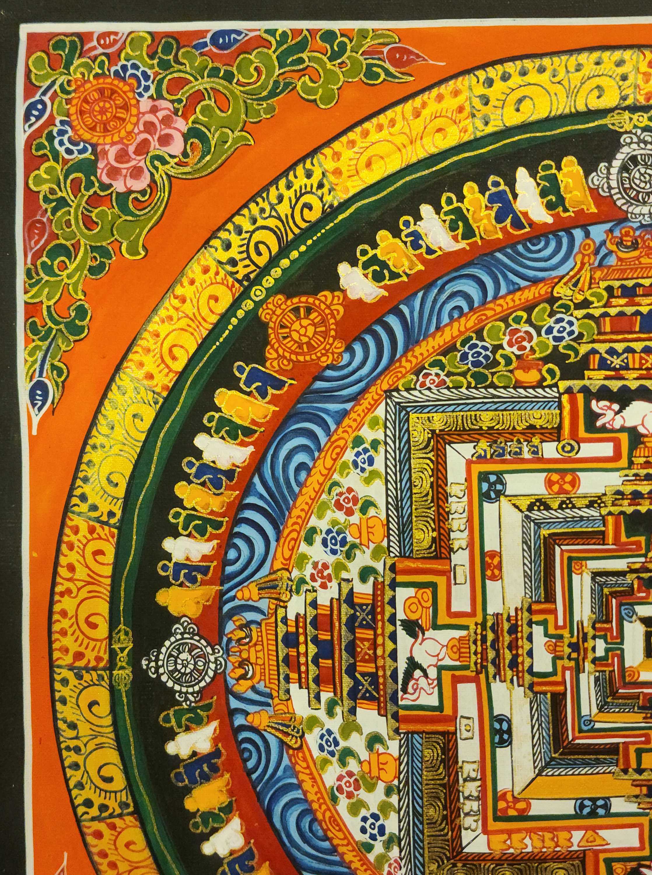 Kalachakra Mandala Thangka, Buddhist Traditional Painting, Tibetan Style, In Orange Color