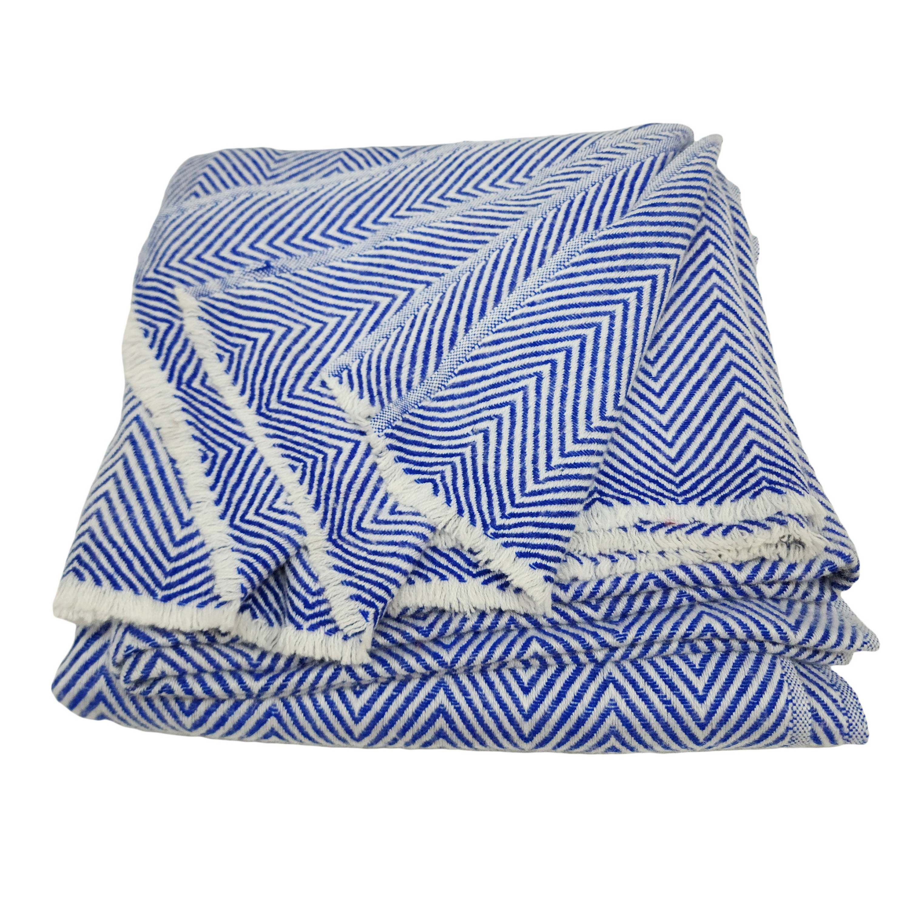 Pashmina Blanket, Nepali Hand Loom Blanket, blue And White Strip, Cashmere