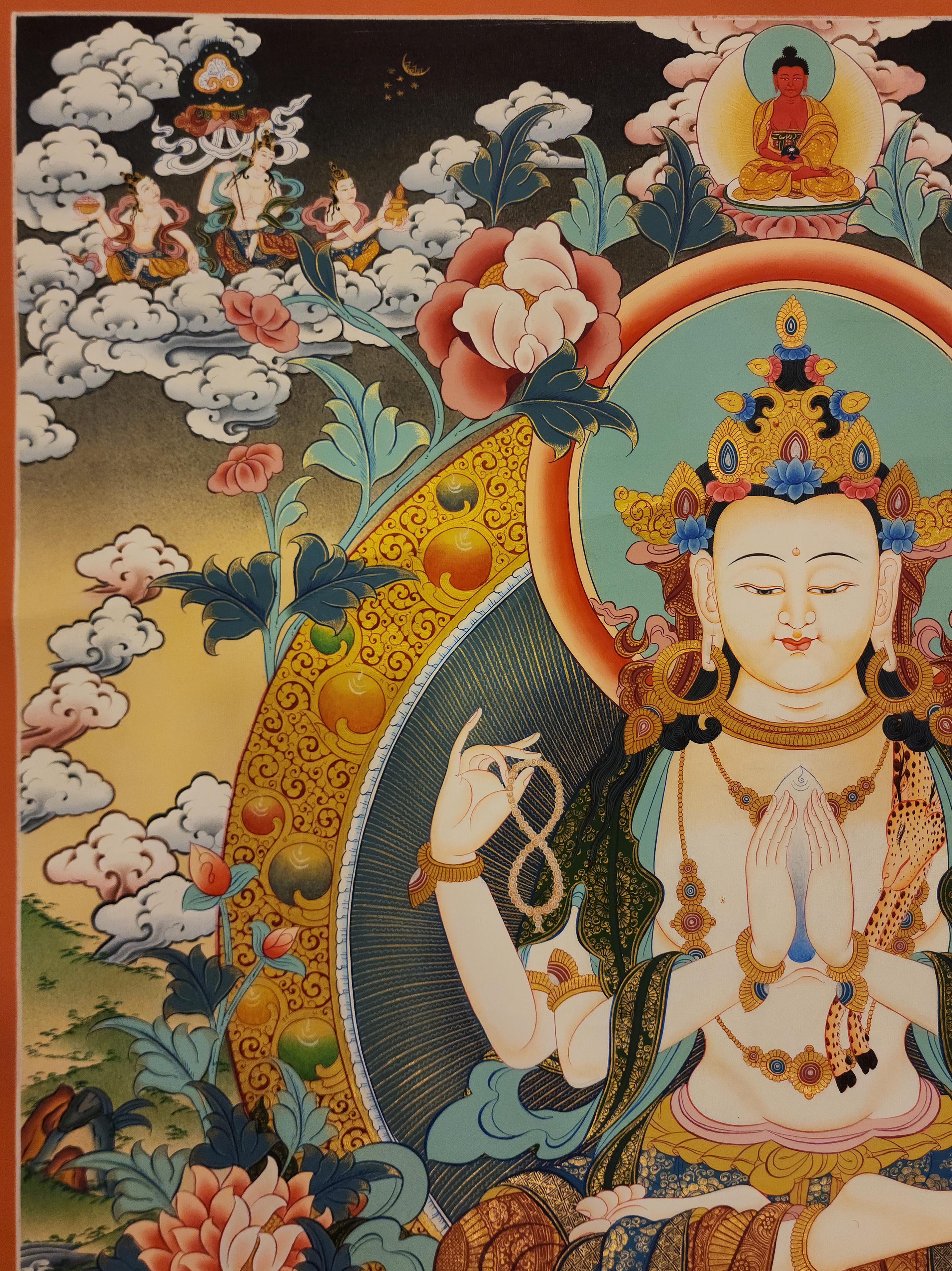Chenrezig - Avalokiteshvara, Buddhist Handmade Thangka Painting, <span Style=