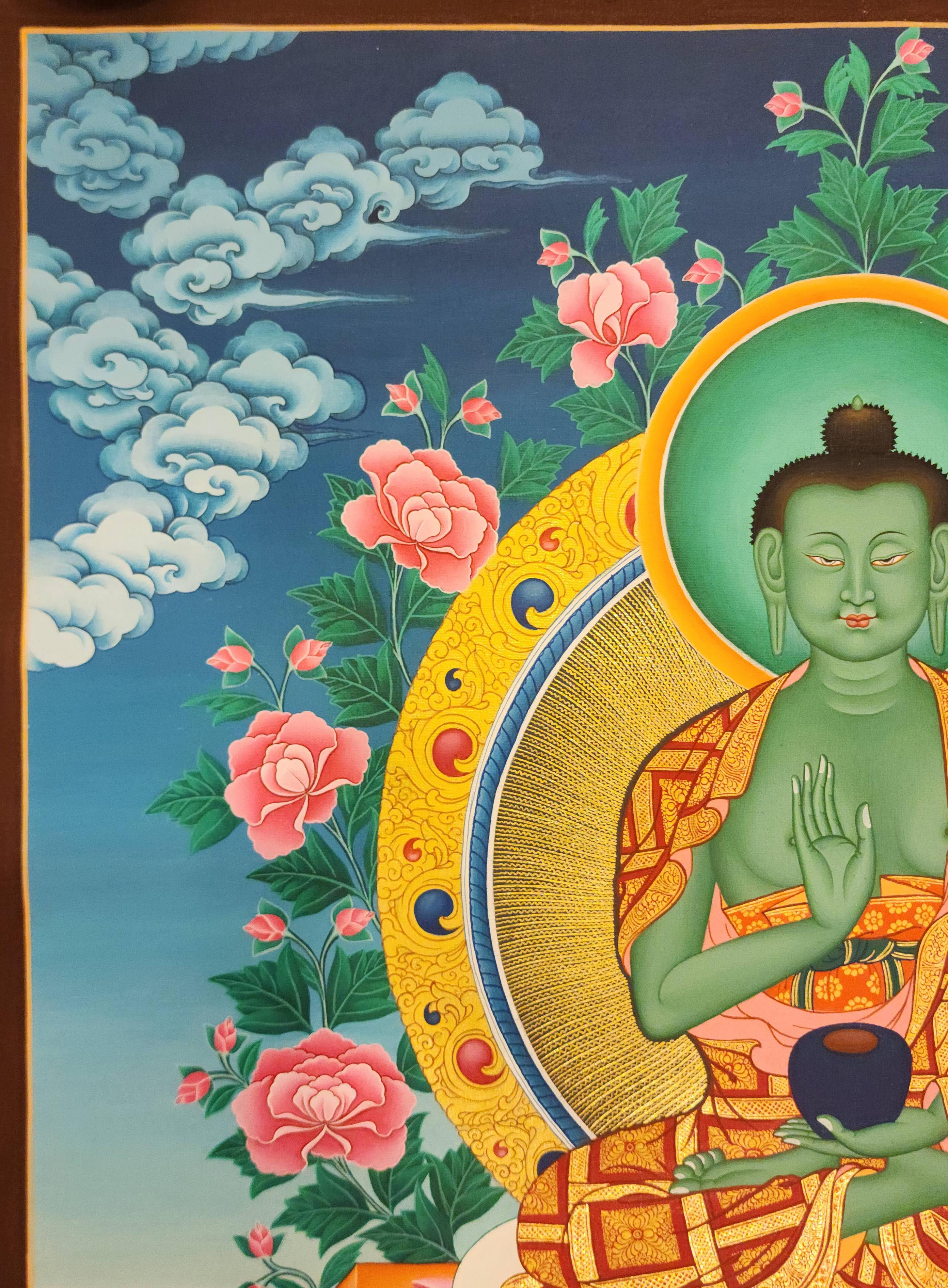 Amoghasiddhi Buddha, Buddhist Handmade Thangka Painting, Tibetan Style, <span Style=