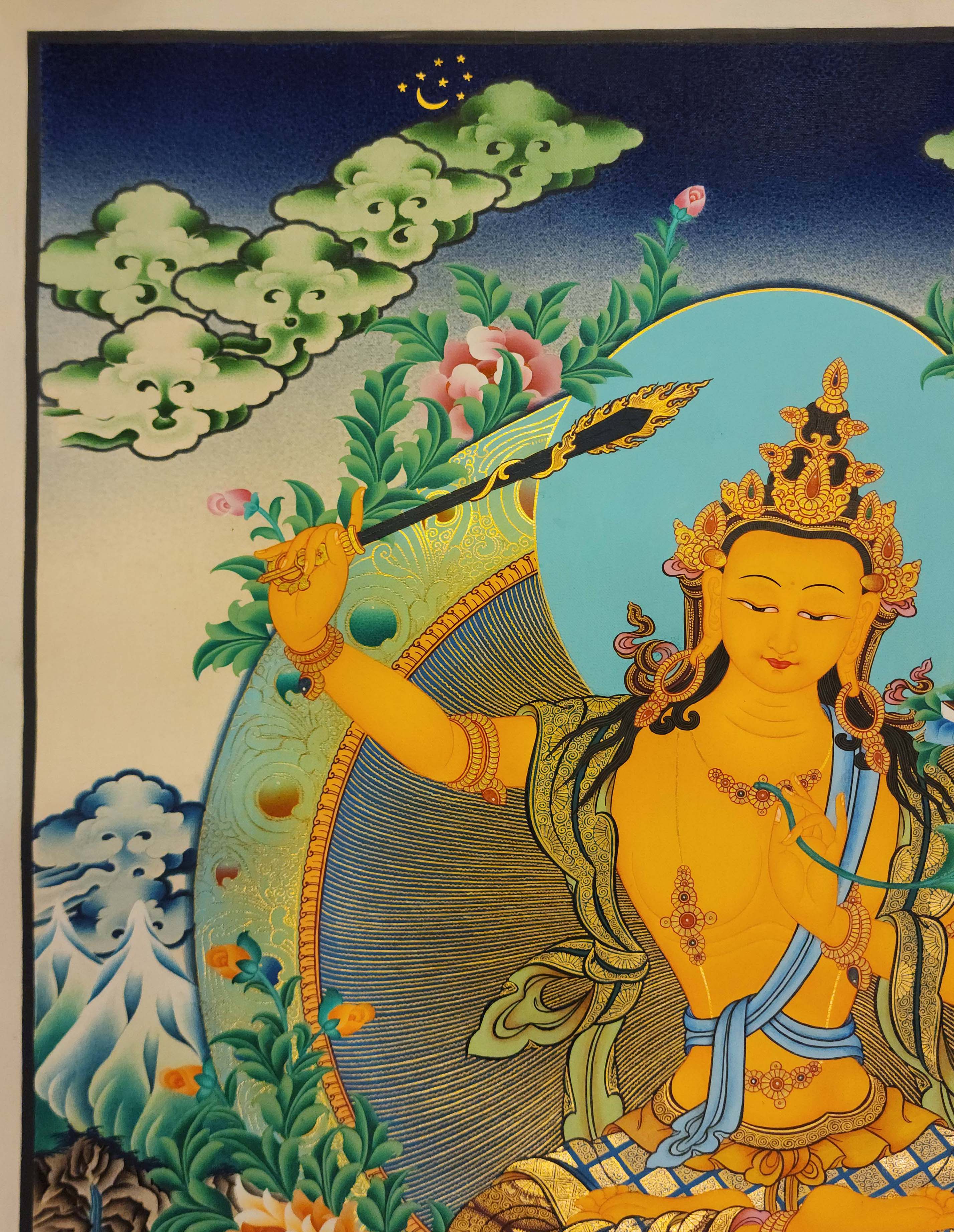 Manjushri, Buddhist Handmade Thangka Painting, Tibetan Style, <span Style=