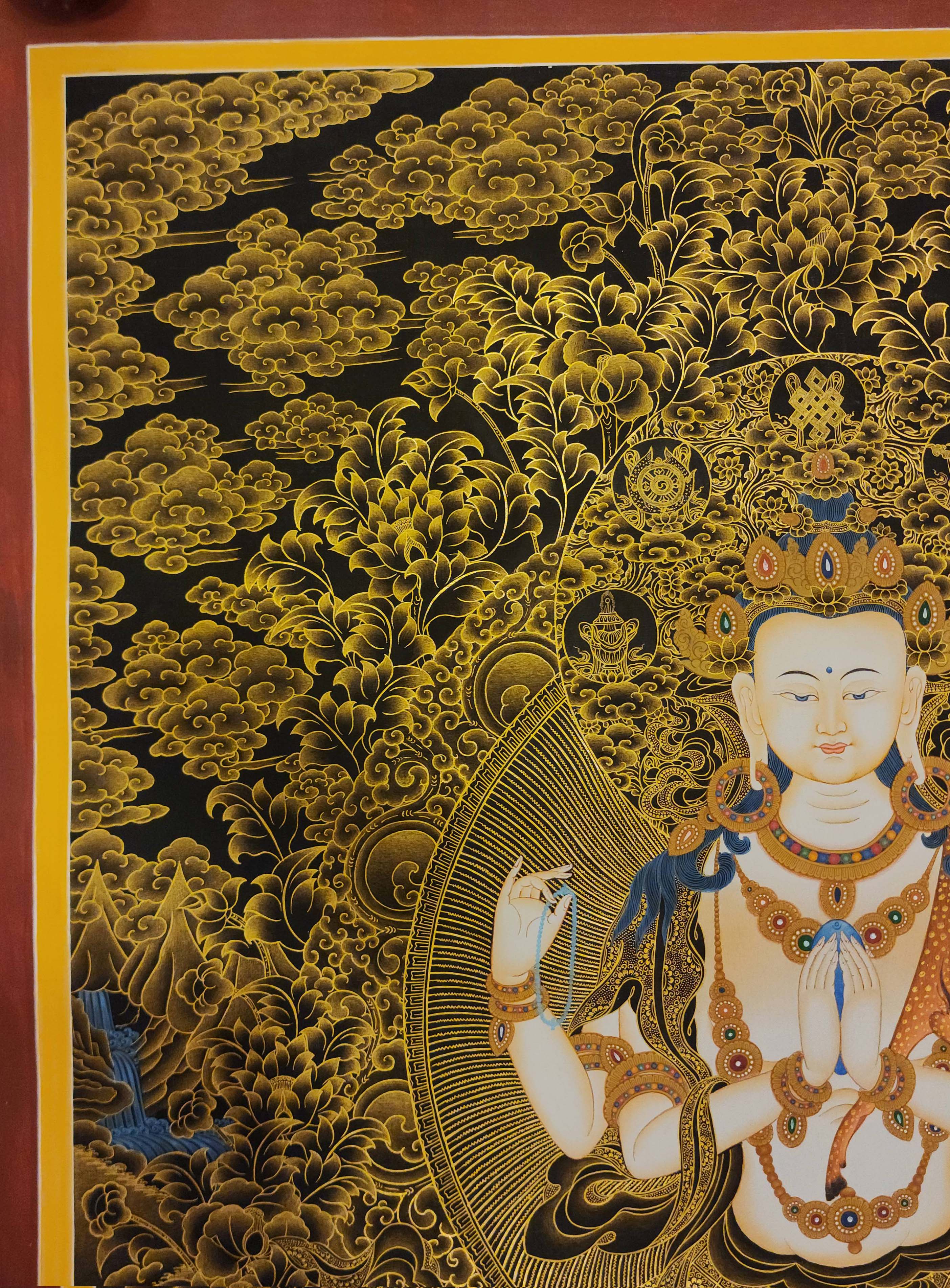 Chenrezig, Buddhist Handmade Thangka Painting, Tibetan Style, <span Style=