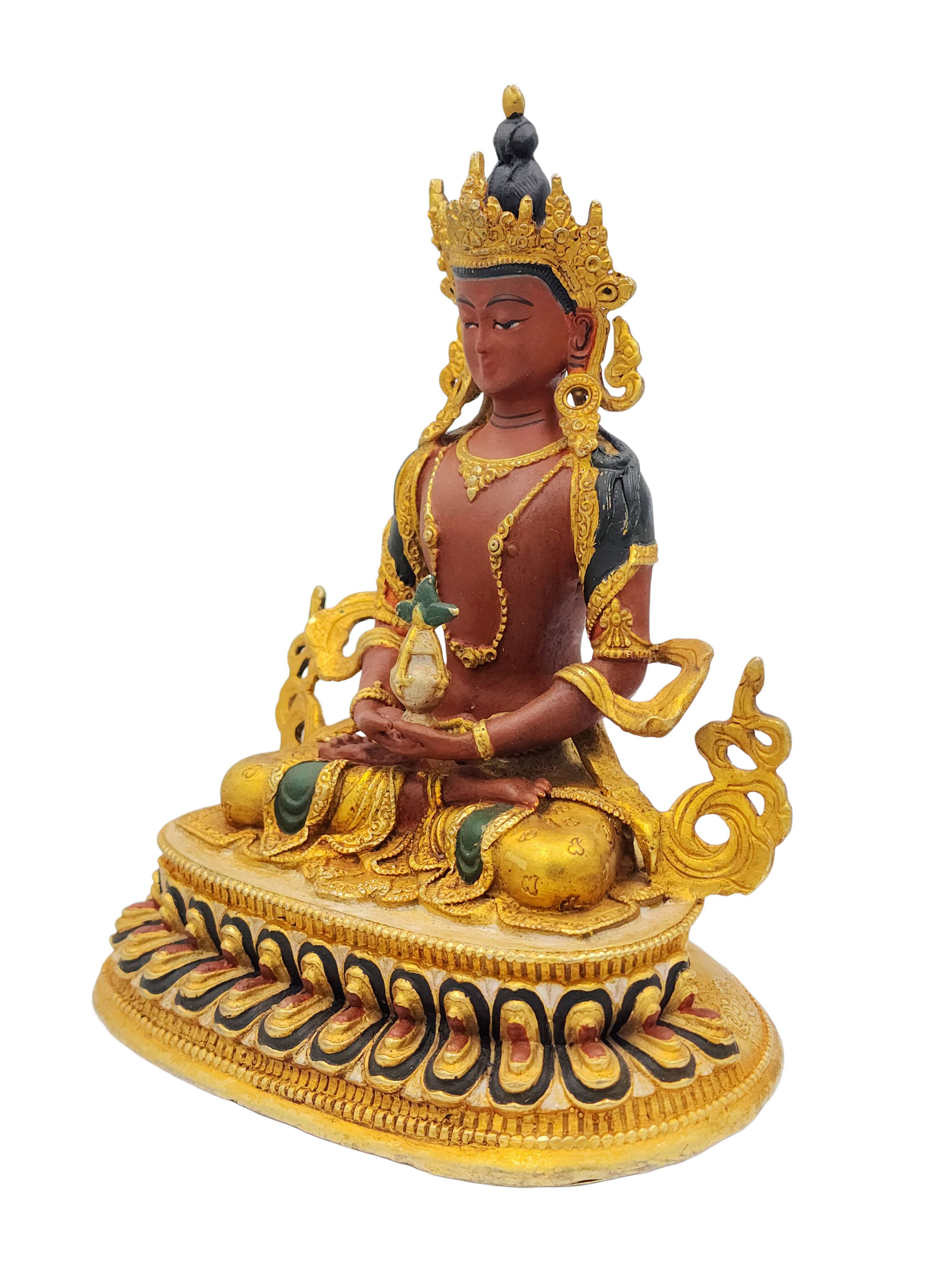 Aparimita, Buddhist Miniature Statue, gold Plated, color Finishing, Amitayus, Chepame
