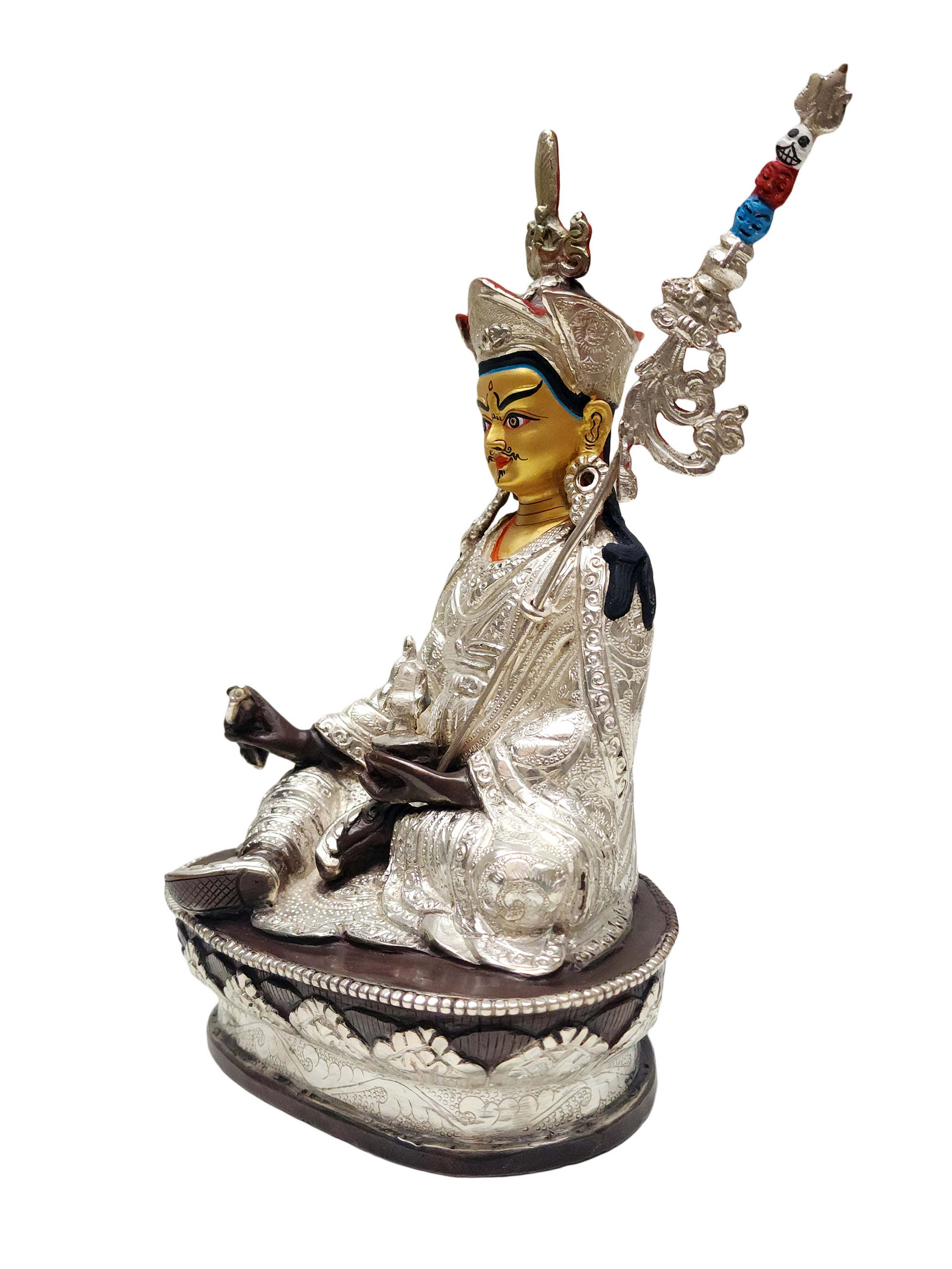 Padmasambhava - Guru Rinpoche, Buddhist Handmade Statue, silver Plated And Chocolate Oxidized, face Painted