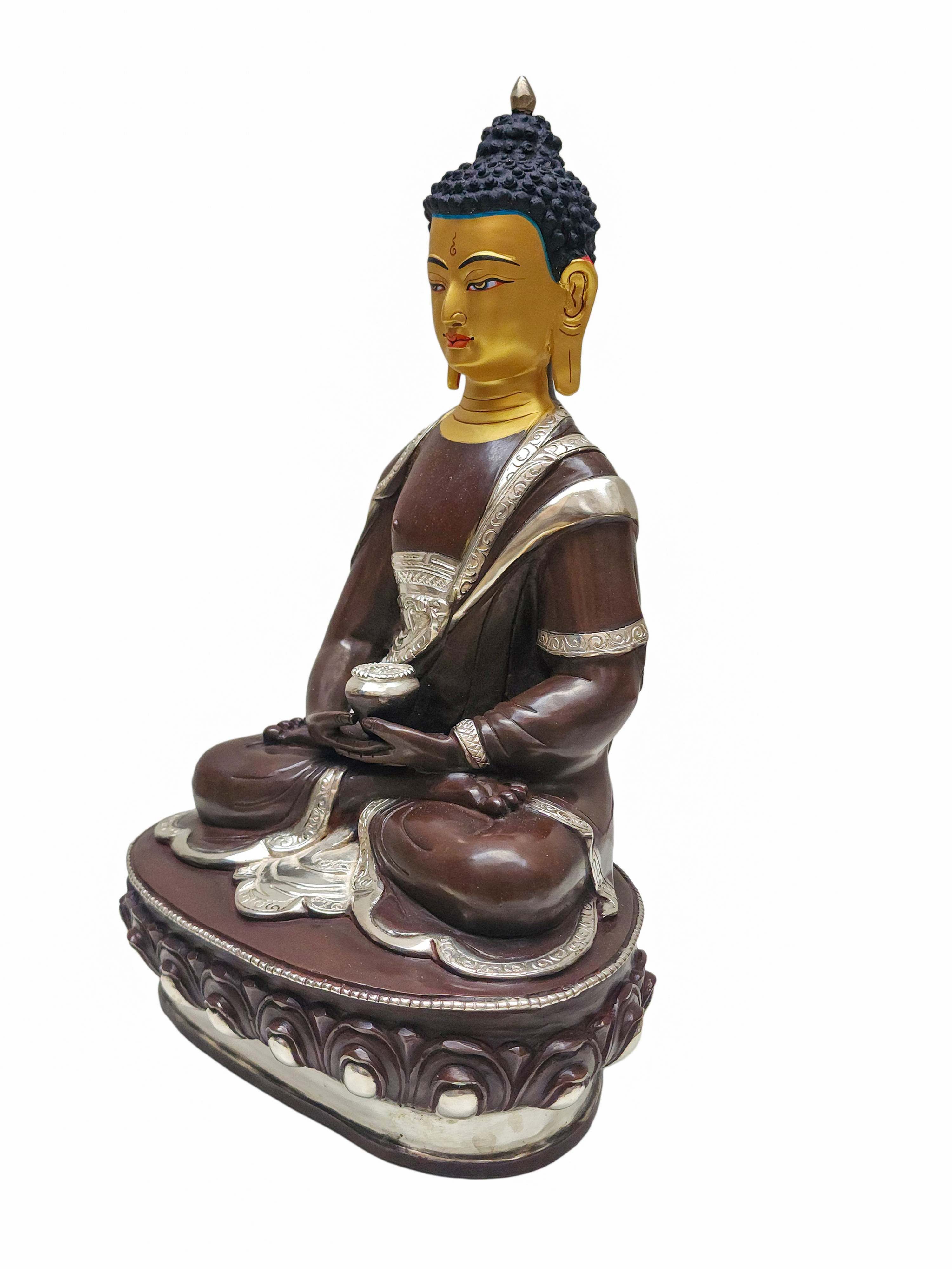 Amitabha Buddha, Buddhist Handmade Statue, silver Plated And Chocolate Oxidized, face Painted