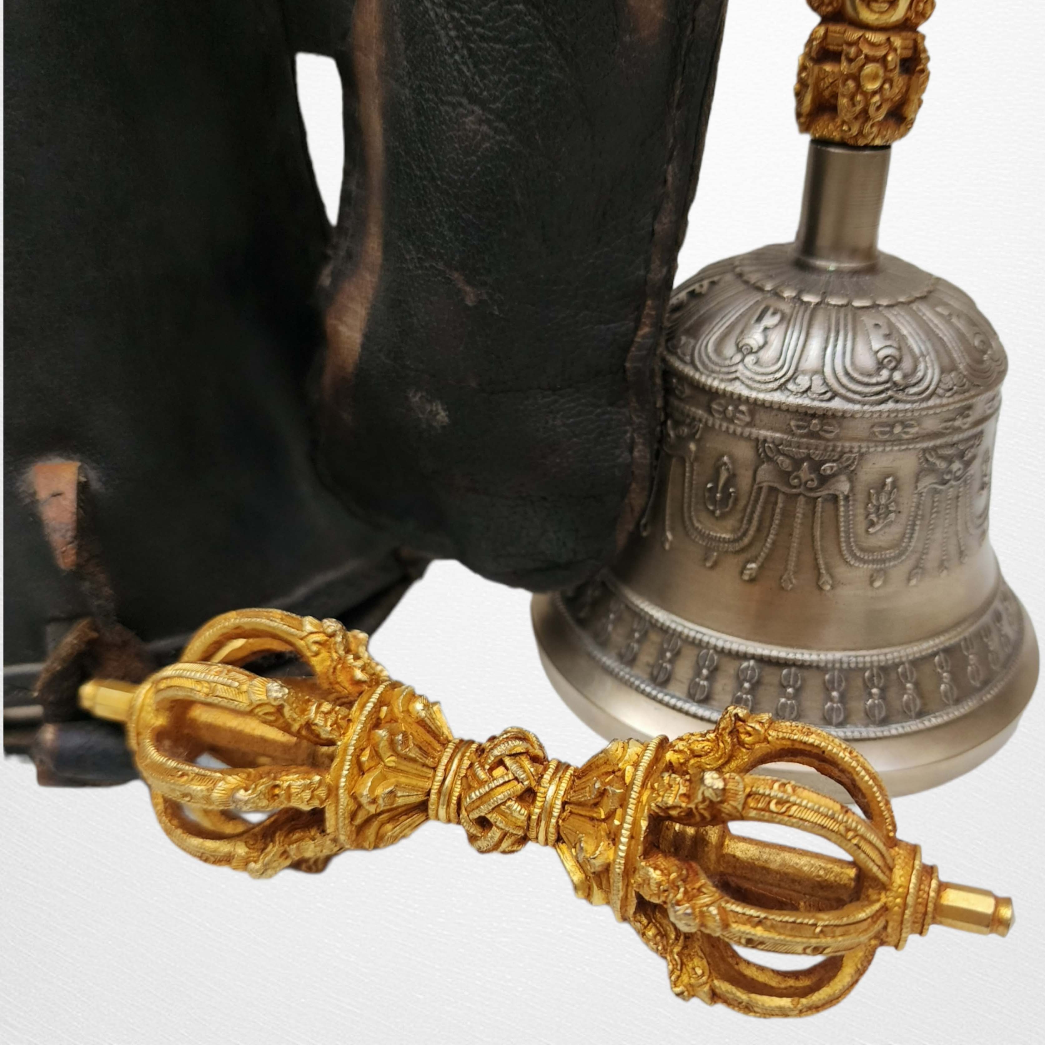 Bell And Dorje - Vajra, With goat Leather Cover, Gold Plated, master Quality, Dehradun Piece