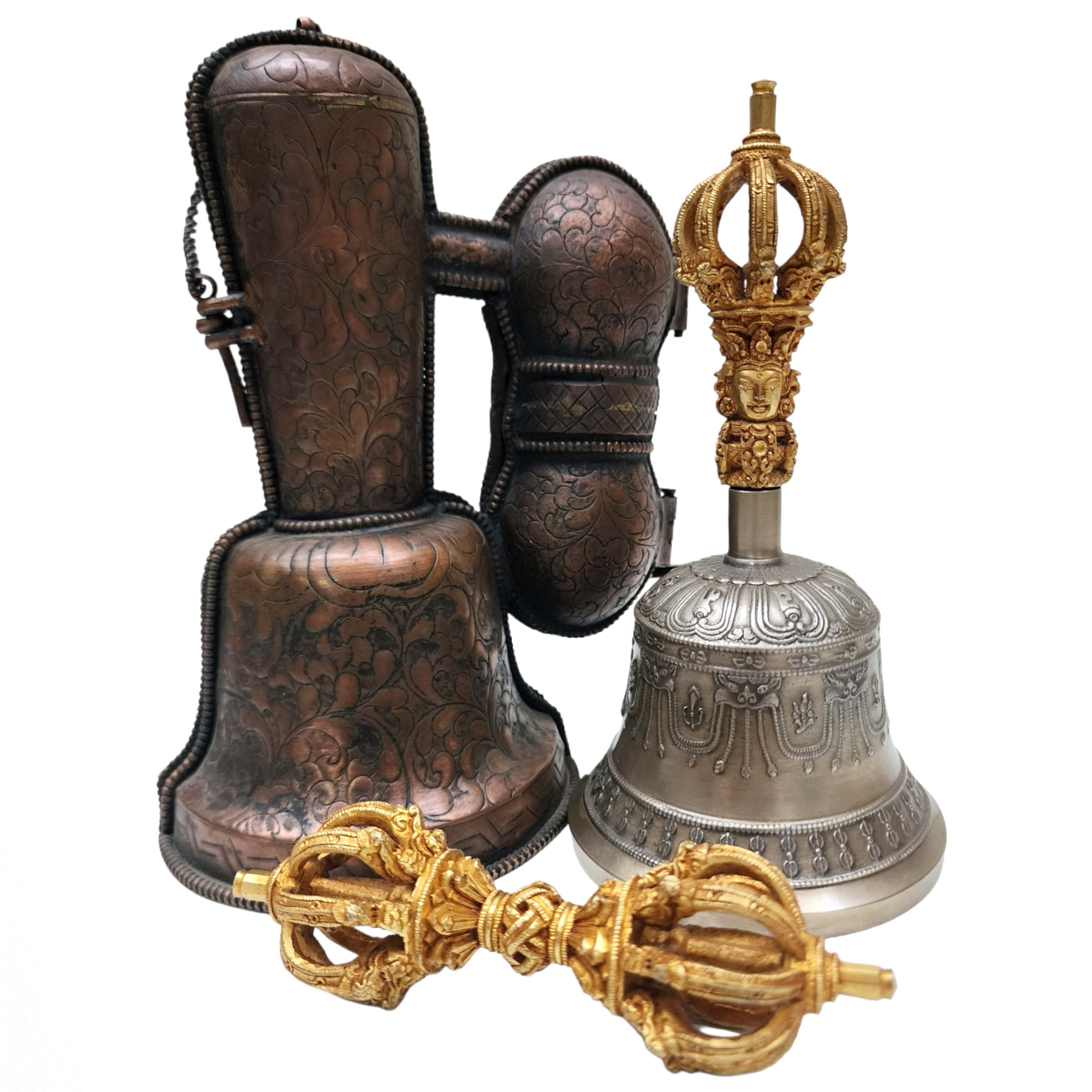 Bell And Dorje - Vajra, With metal Cover, Gold Plated, master Quality, Dehradun Piece