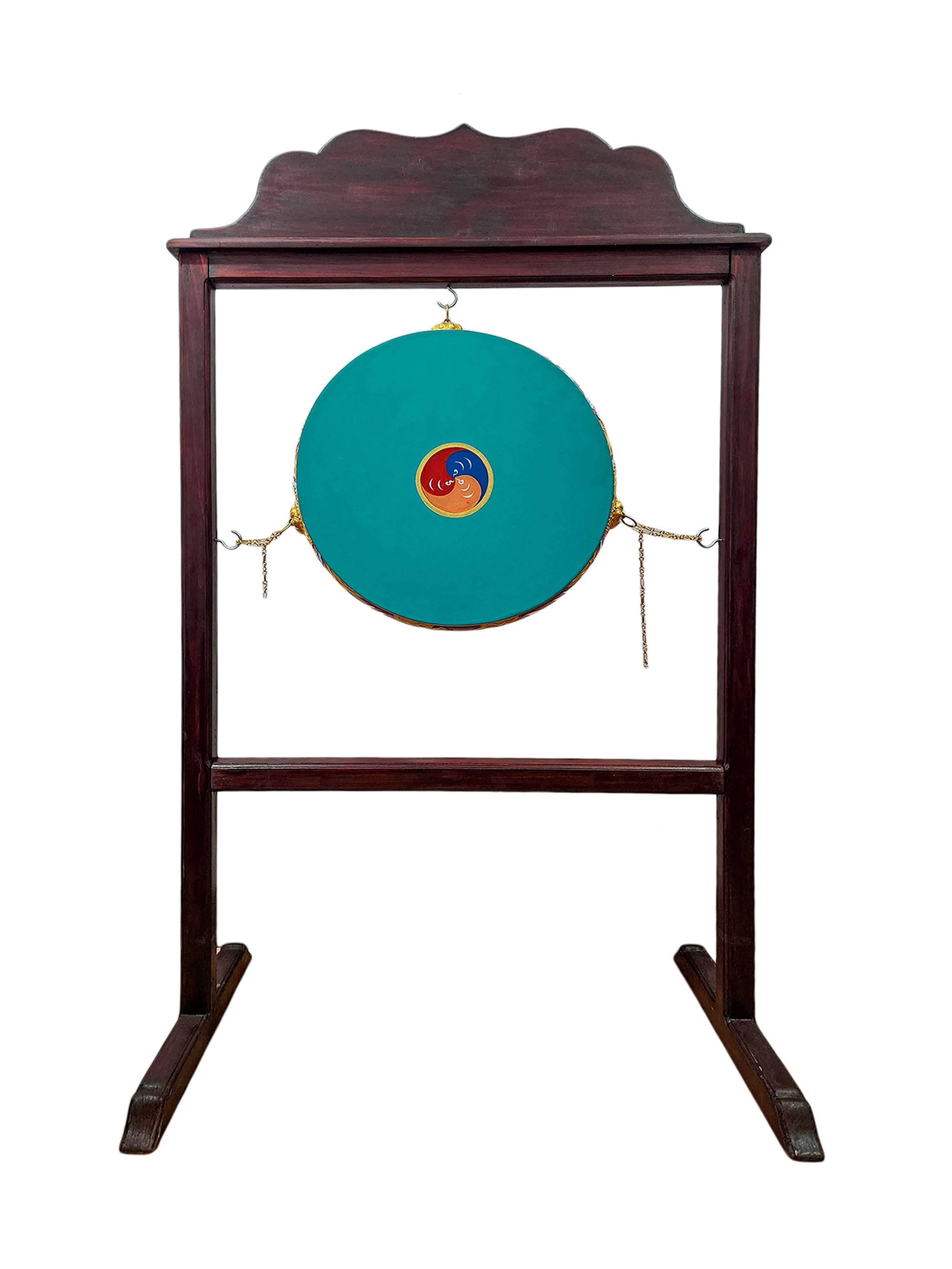 High-quality Tibetan Monastery Drum With Wooden Stand dhyangro - Traditional Painted Colors