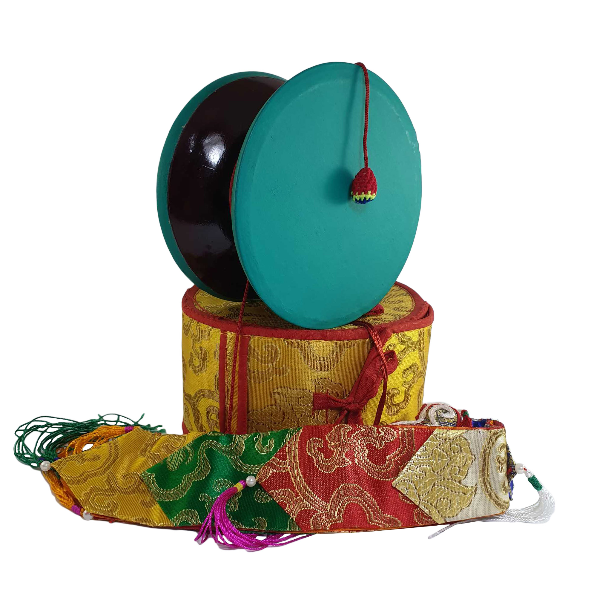 Tibetan Chod Damaru small - Wooden And Leather, With Brocade Damaru Drum Cover And Damaru Brocade Tail