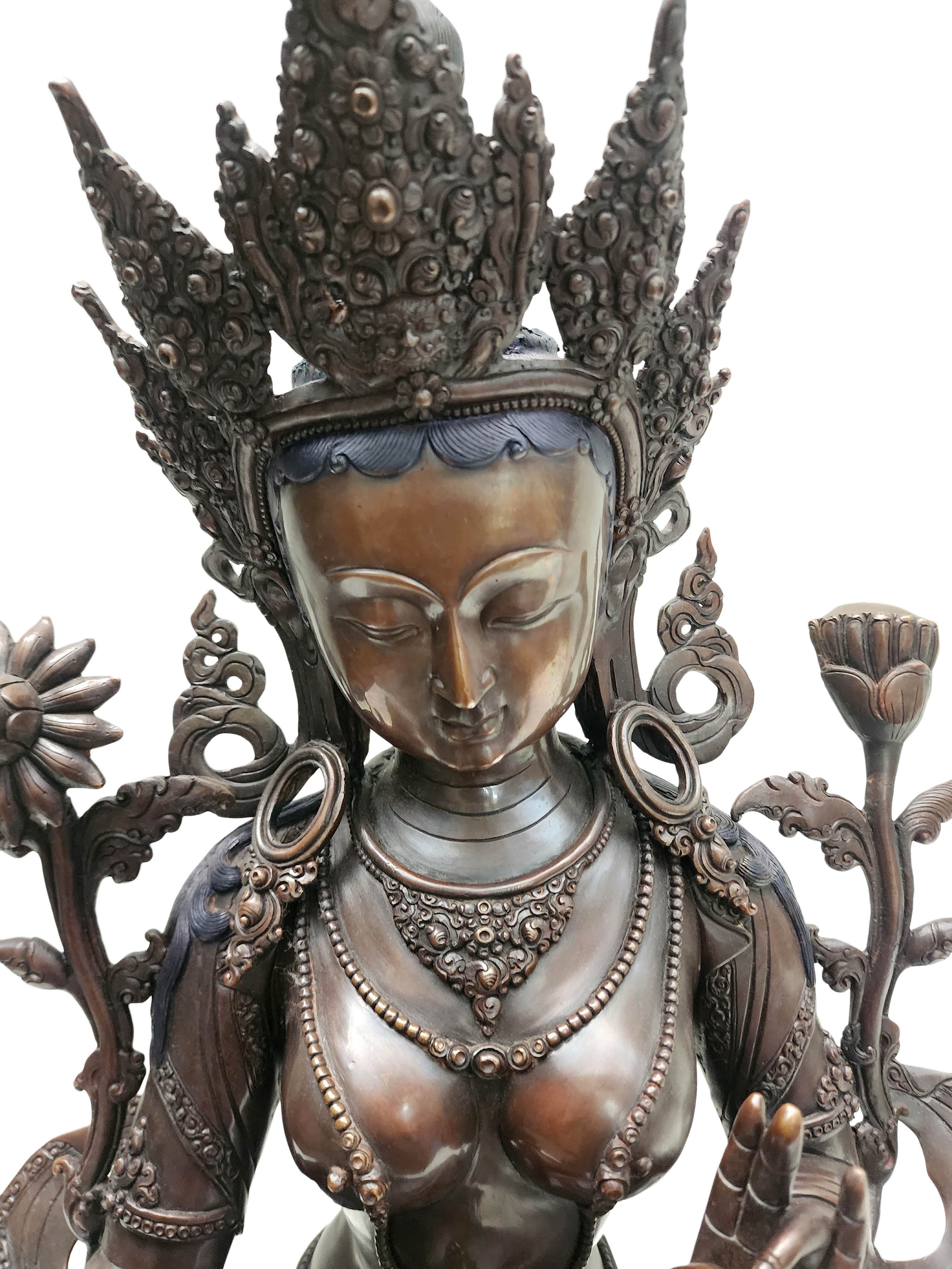 green Tara, Buddhist Handmade Statue, chocolate Oxidized