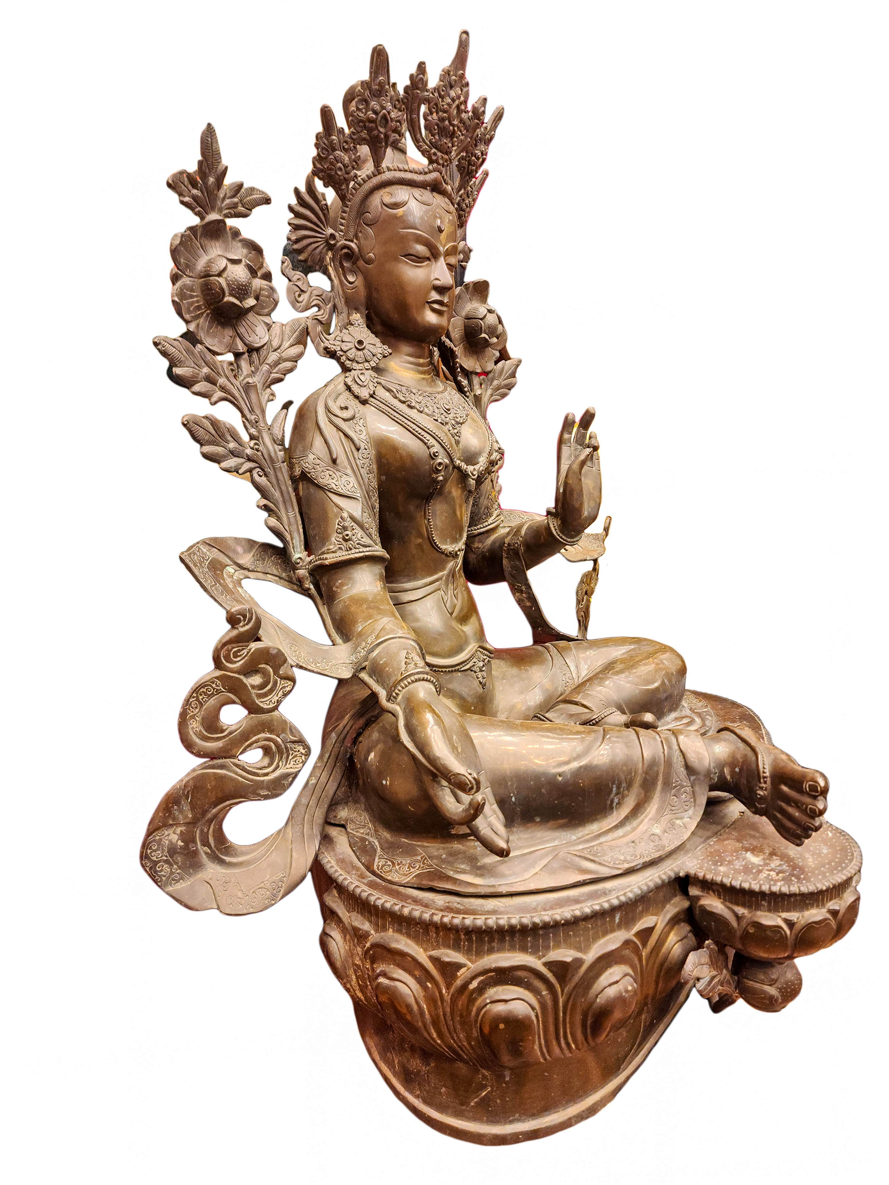 green Tara Buddhist Handmade Large Statue - Featuring Natural Patina