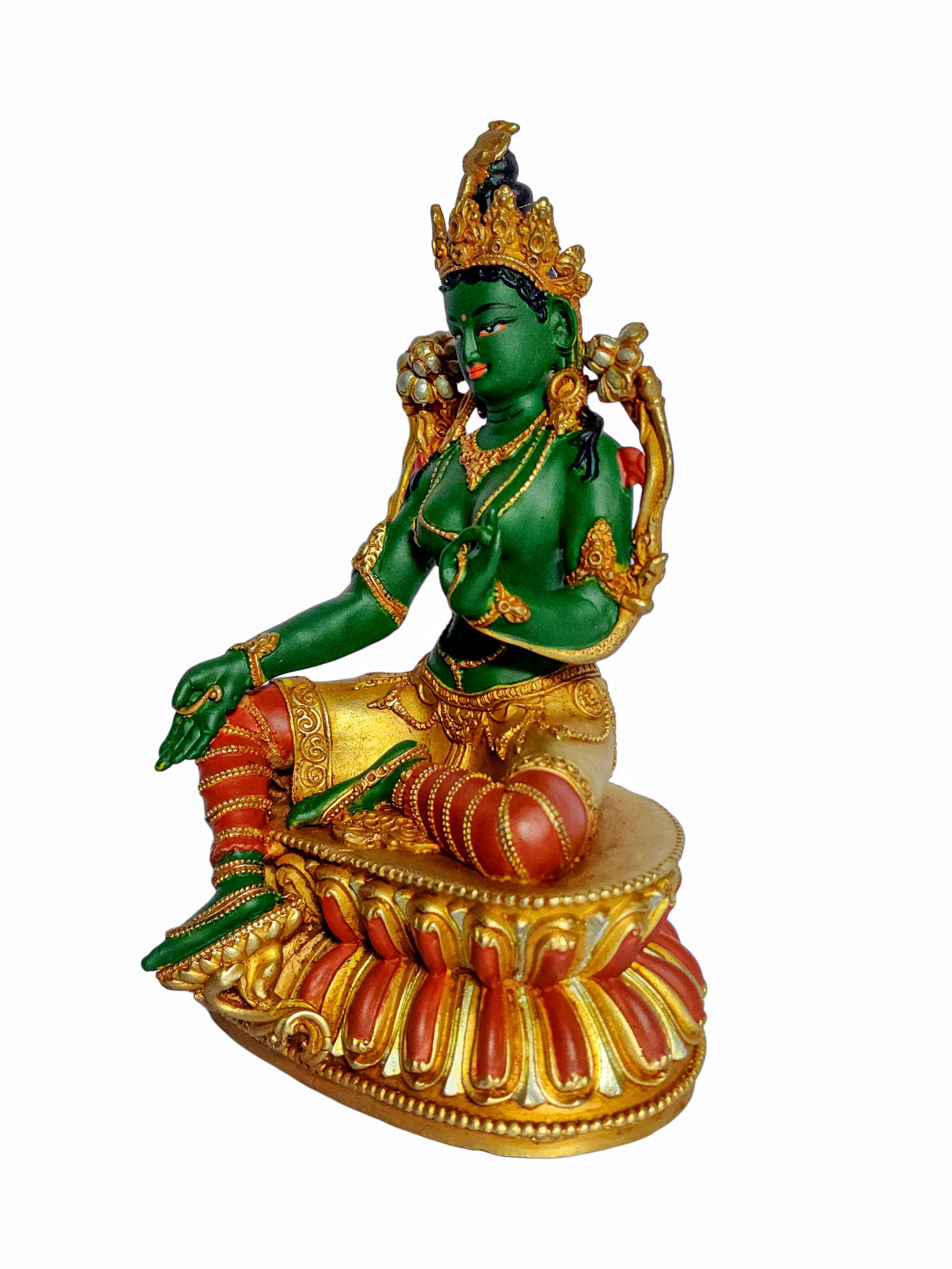 Green Tara Buddhist Statue - partly Gold Plated With Carving And traditional Color Painted